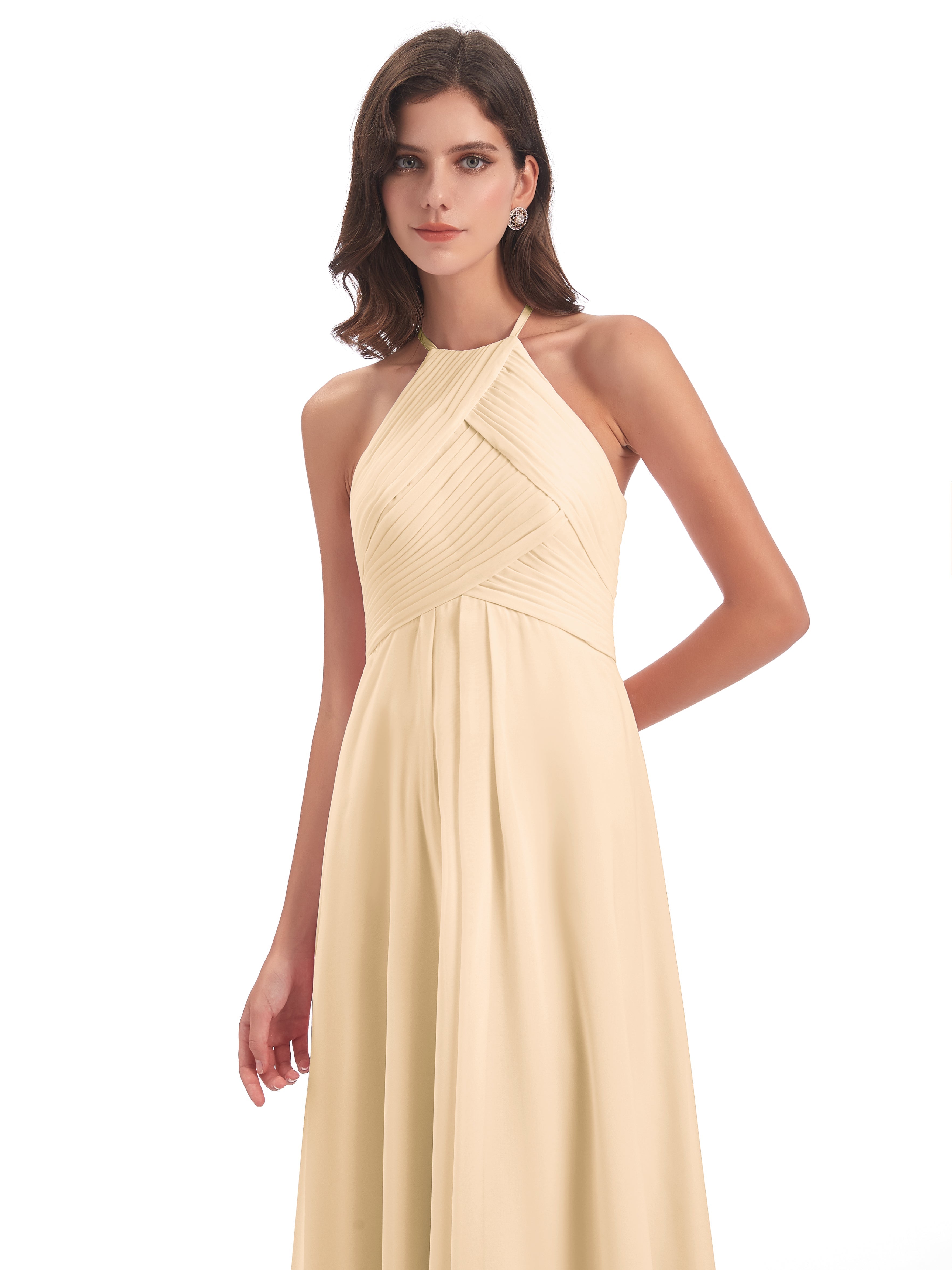Robes De Demoiselle D'Honneur Pêche Licou Dos Ouvert Mousseline Robes Demoiselle D'Honneur