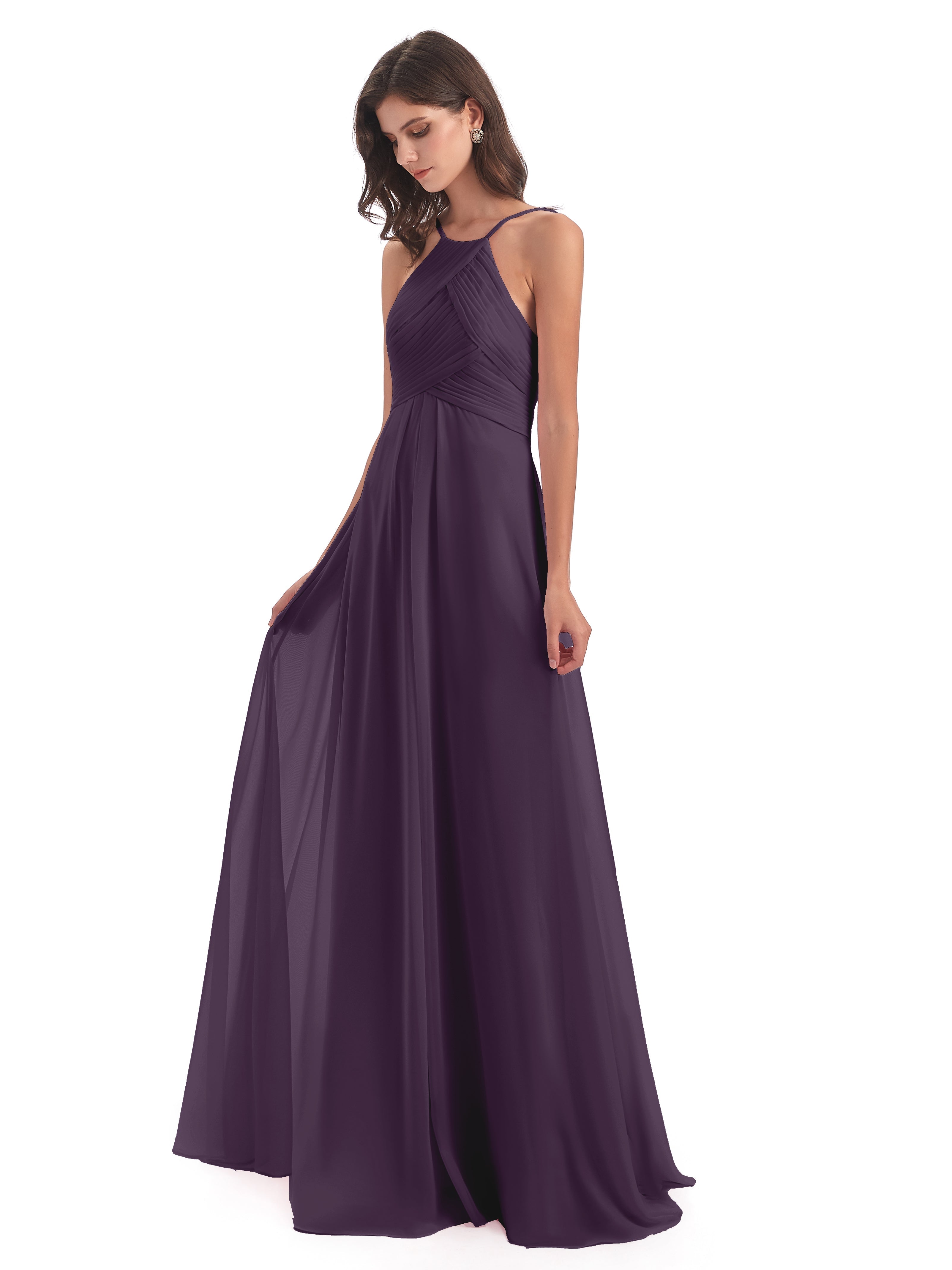 Robe De Demoiselle D'Honneur En Plum Licou Dos Ouvert Mousseline Robes Demoiselle D'Honneur
