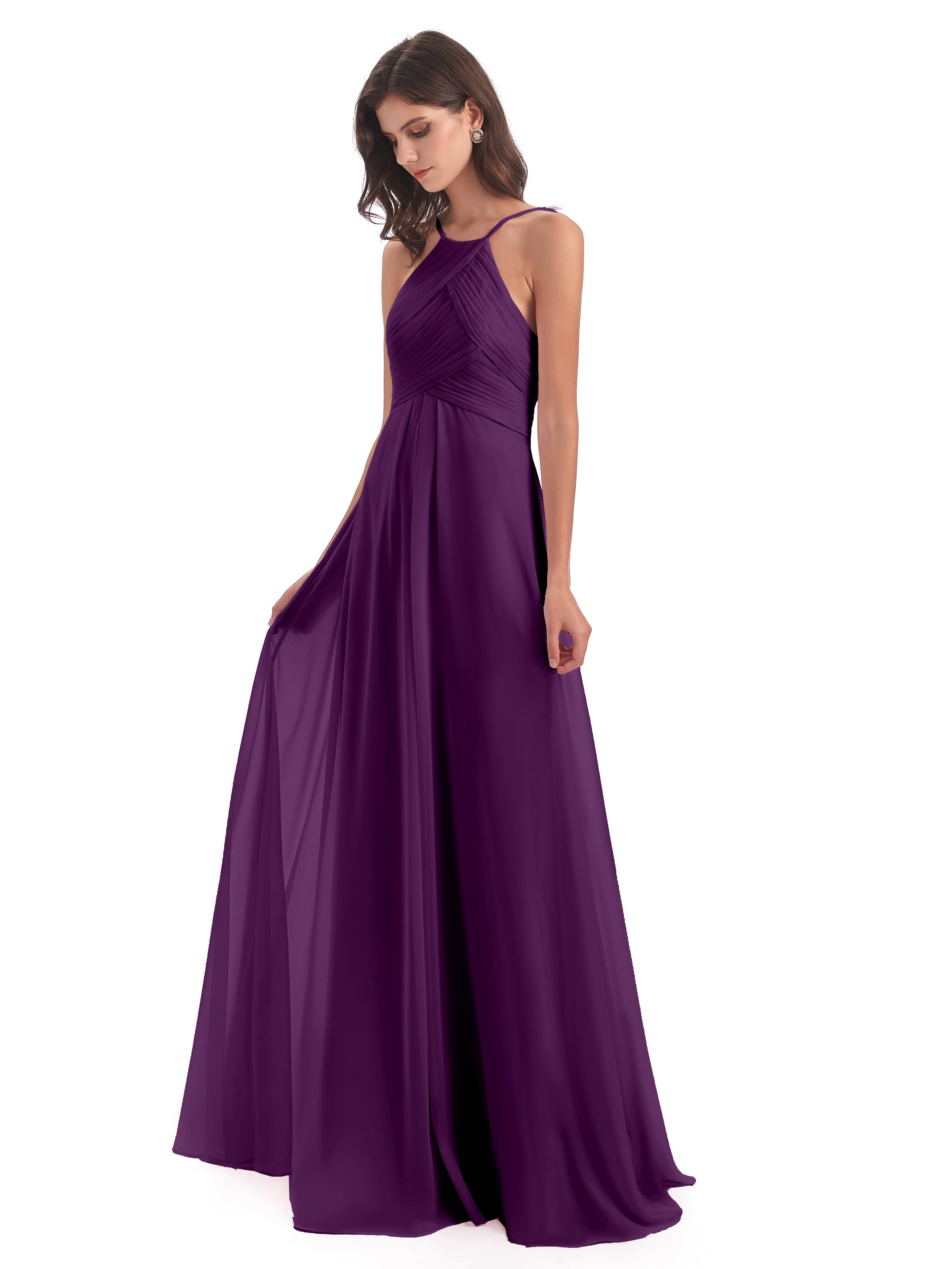 Robes De Demoiselle D'Honneur En Raisin Licou Dos Ouvert Mousseline Robes Demoiselle D'Honneur
