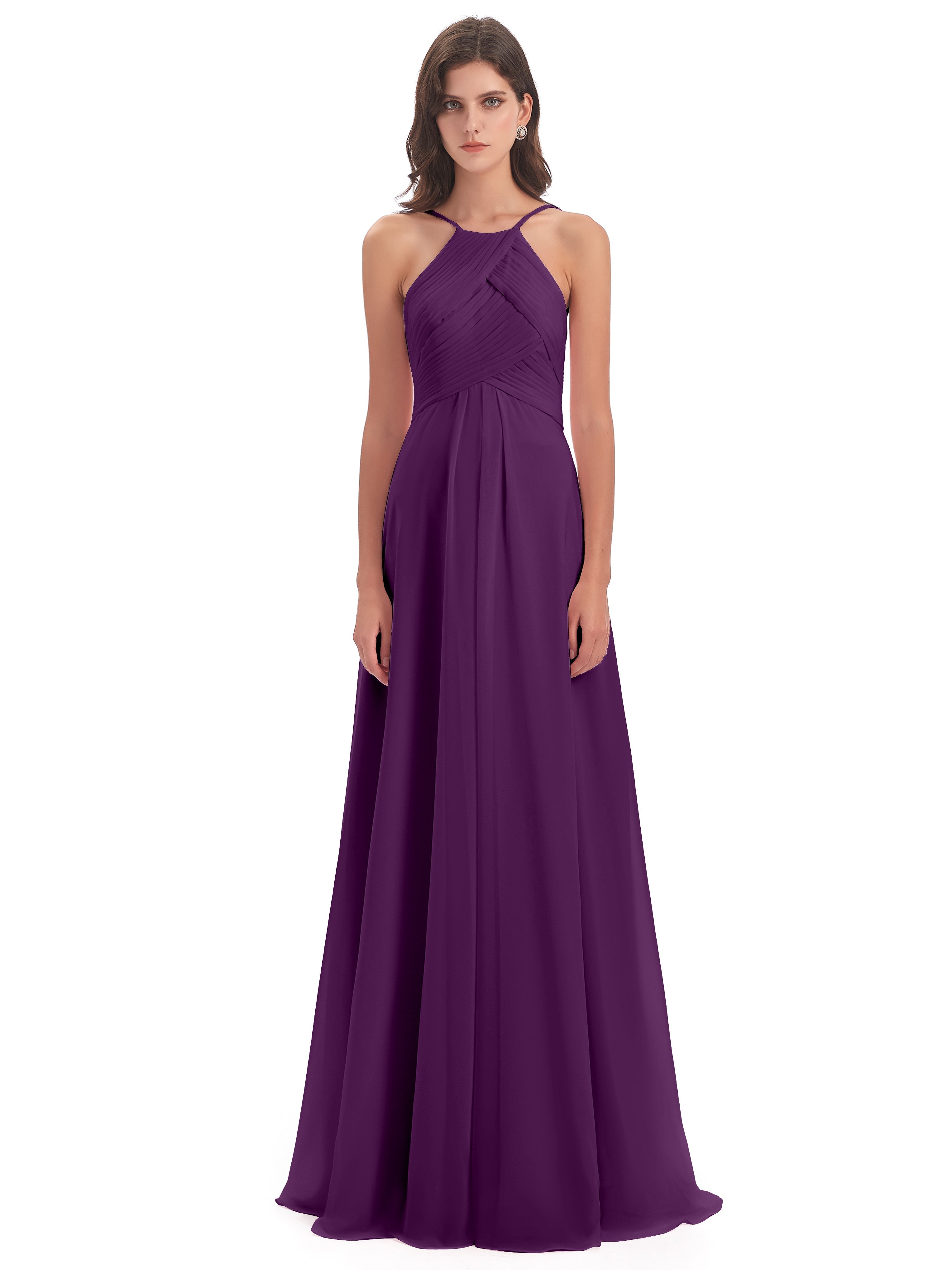 Robes De Demoiselle D'Honneur En Raisin Licou Dos Ouvert Mousseline Robes Demoiselle D'Honneur