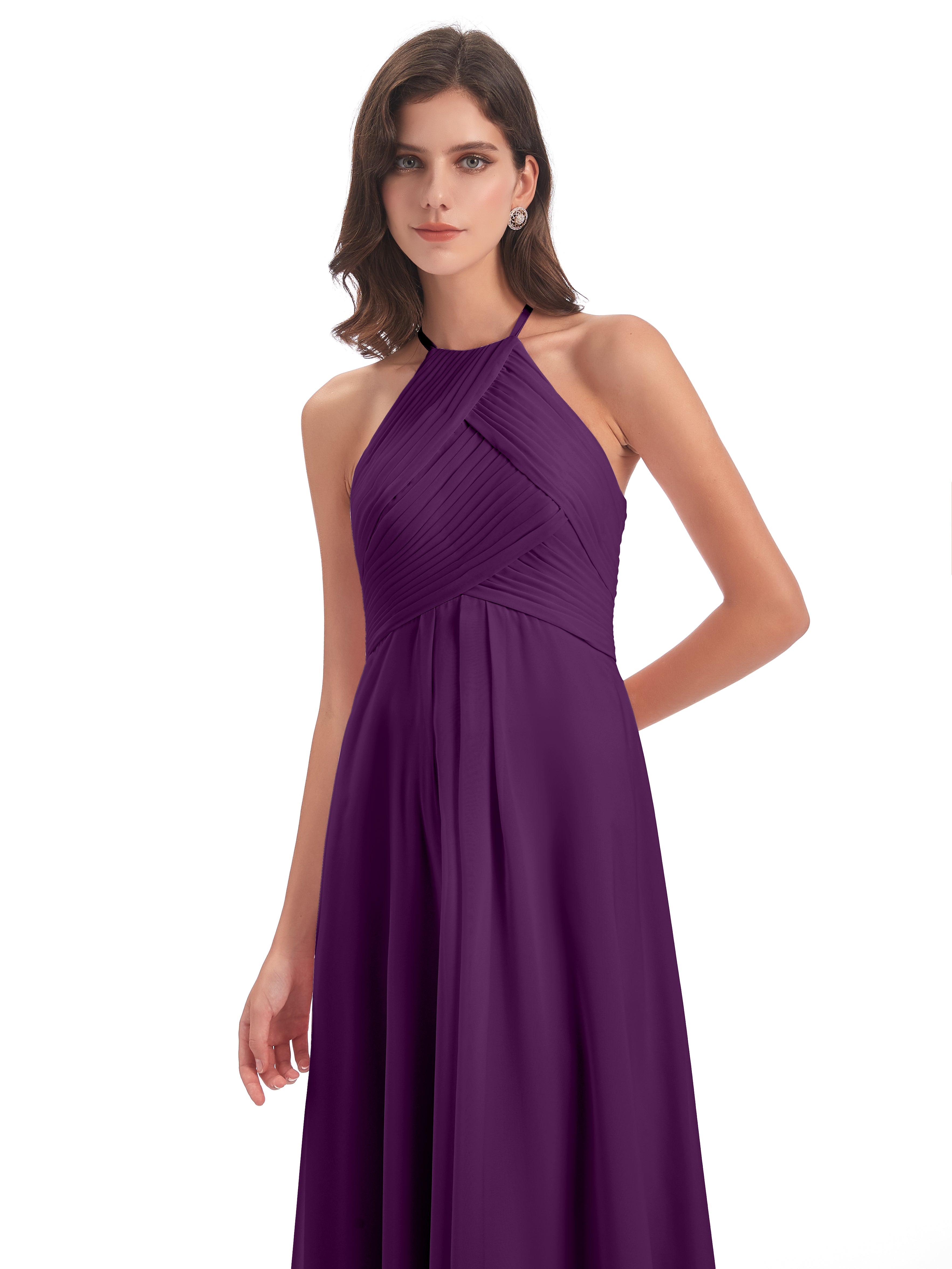 Robes De Demoiselle D'Honneur En Raisin Licou Dos Ouvert Mousseline Robes Demoiselle D'Honneur