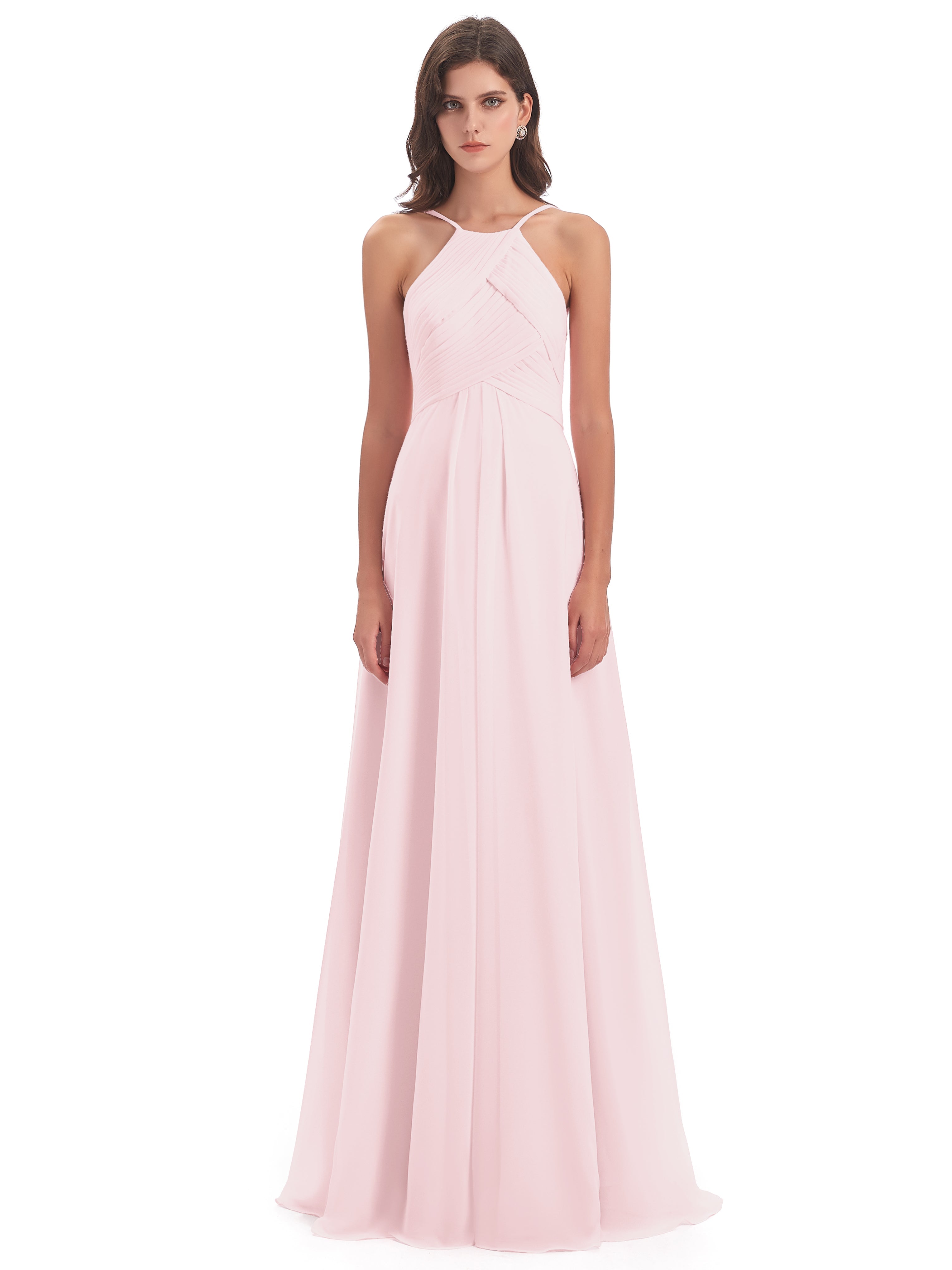 Robes Demoiselles D Honneur Rose Pale Licou Dos Ouvert Mousseline Robes Demoiselle D'Honneur