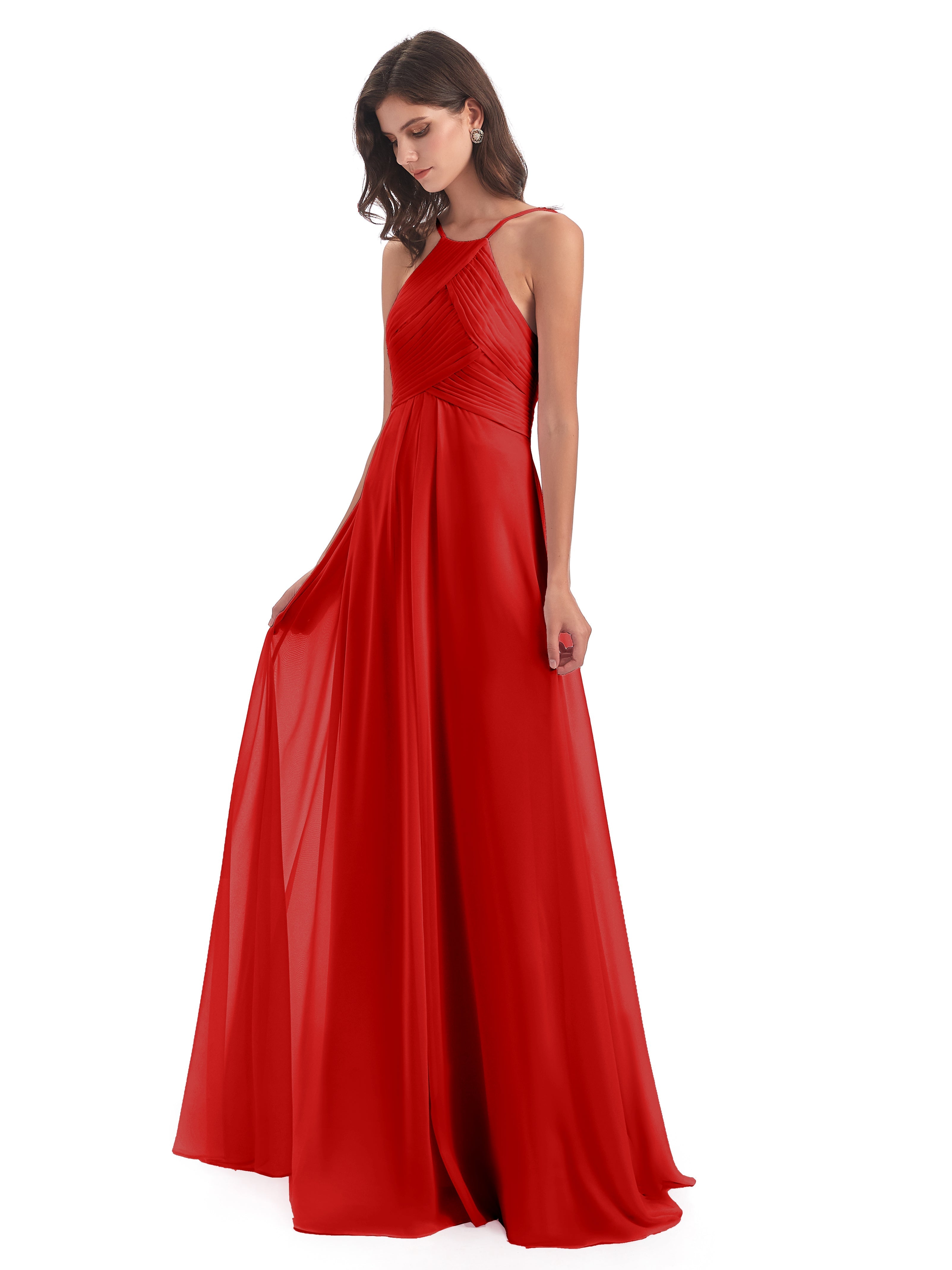Robes Demoiselle D Honneur Rouge Licou Dos Ouvert Mousseline Robes Demoiselle D'Honneur