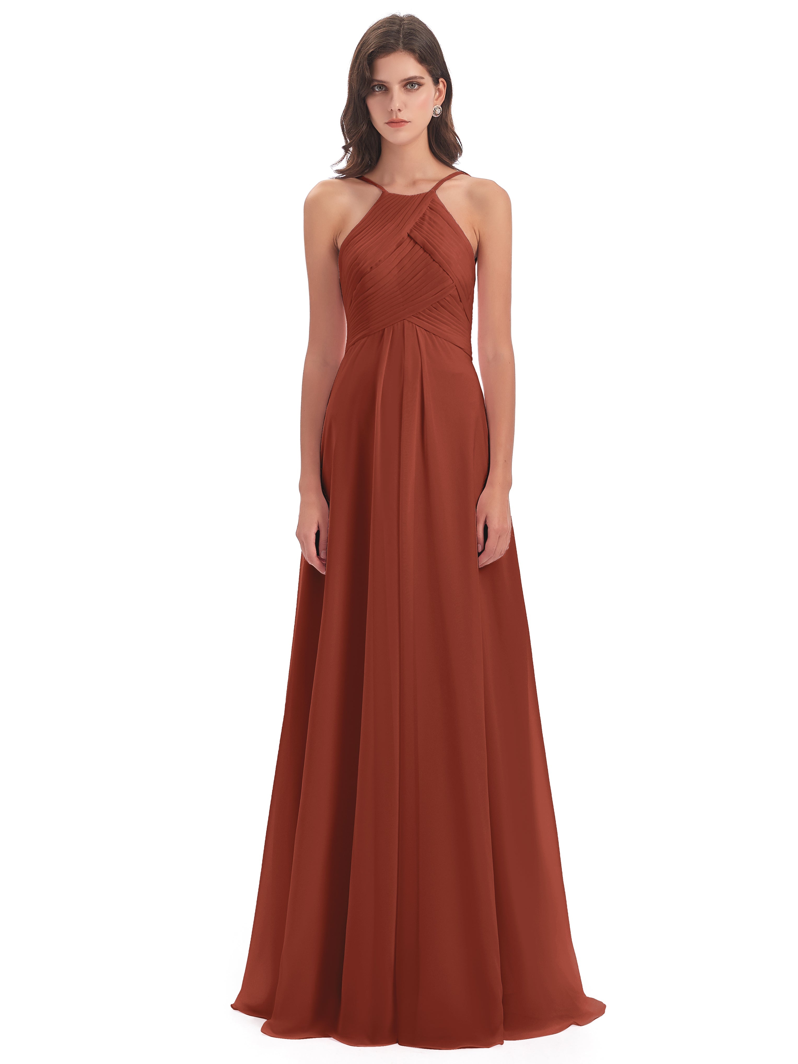 Robe Demoiselle D Honneur Rouille Licou Dos Ouvert Mousseline Robes Demoiselle D'Honneur