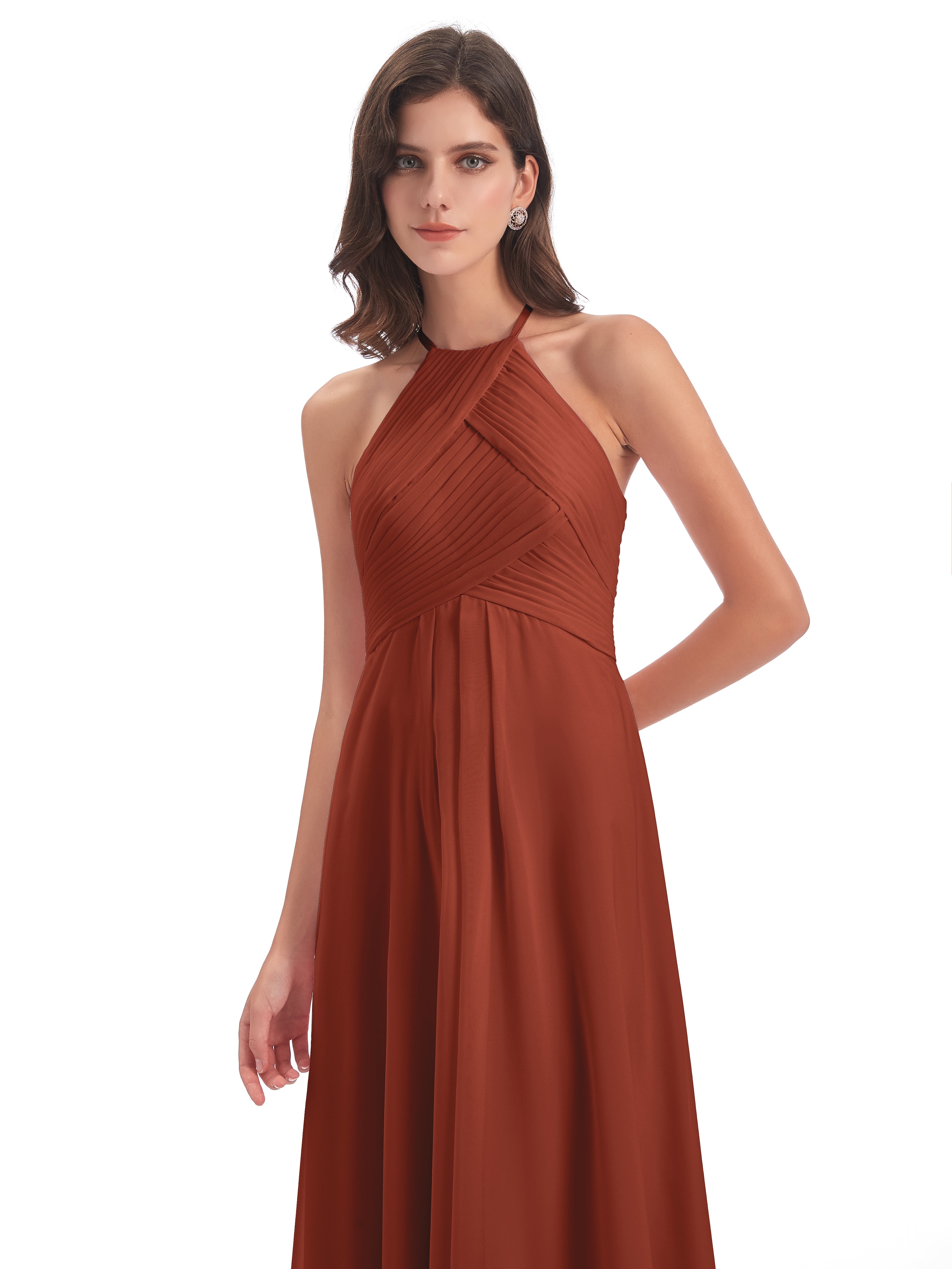 Robe Demoiselle D Honneur Rouille Licou Dos Ouvert Mousseline Robes Demoiselle D'Honneur