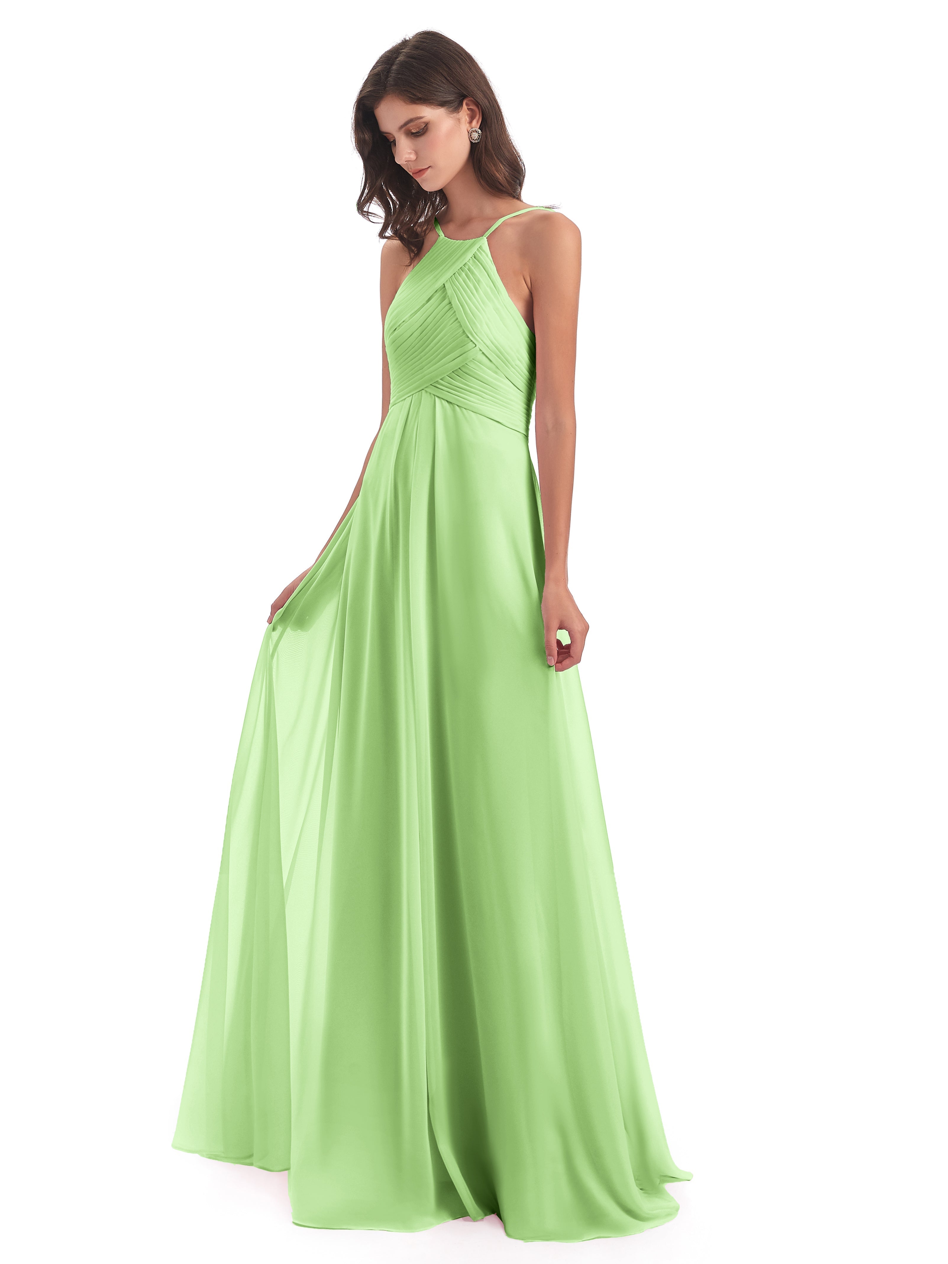Robes Demoiselle D Honneur Vert Sauge Licou Dos Ouvert Mousseline Robes Demoiselle D'Honneur
