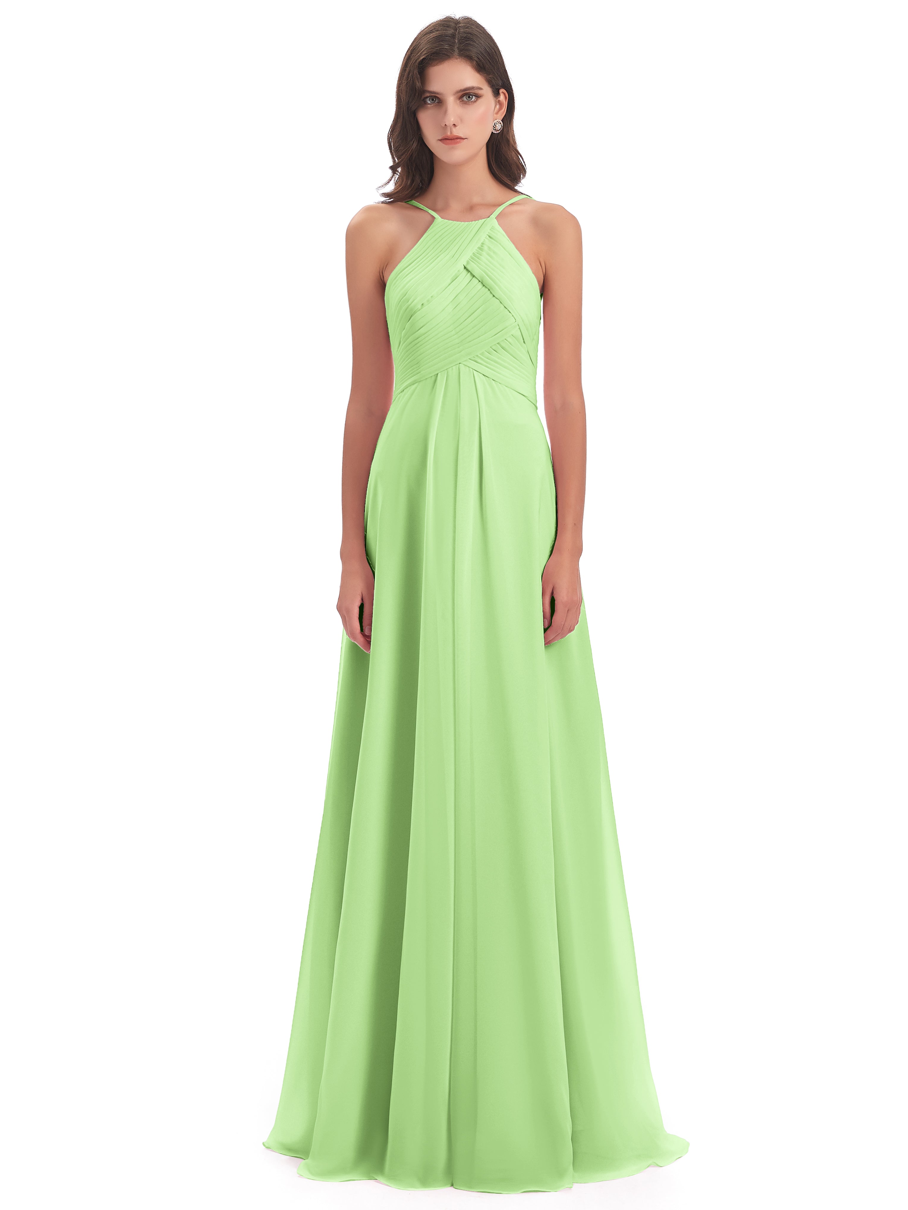 Robes Demoiselle D Honneur Vert Sauge Licou Dos Ouvert Mousseline Robes Demoiselle D'Honneur