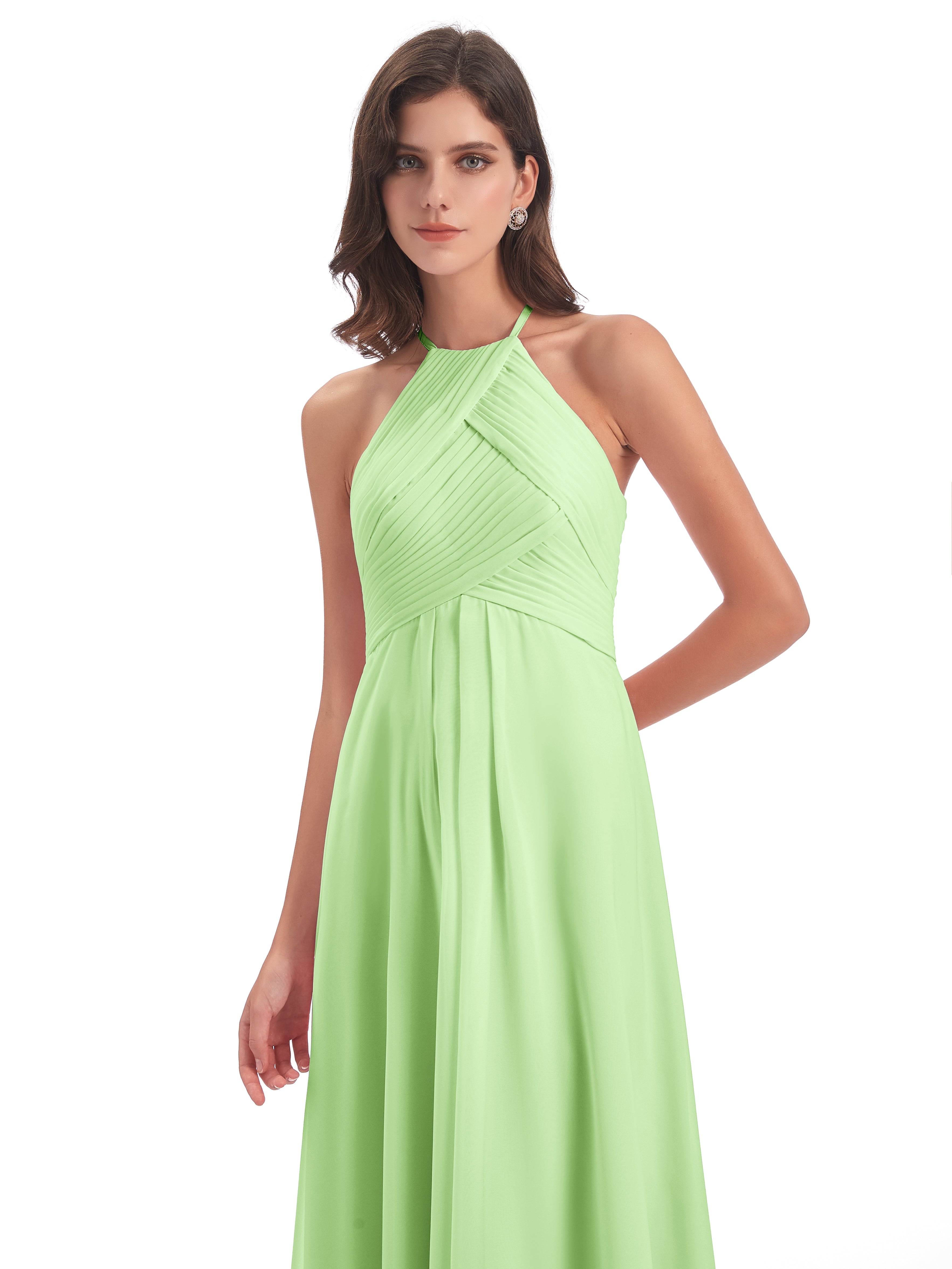 Robes Demoiselle D Honneur Vert Sauge Licou Dos Ouvert Mousseline Robes Demoiselle D'Honneur