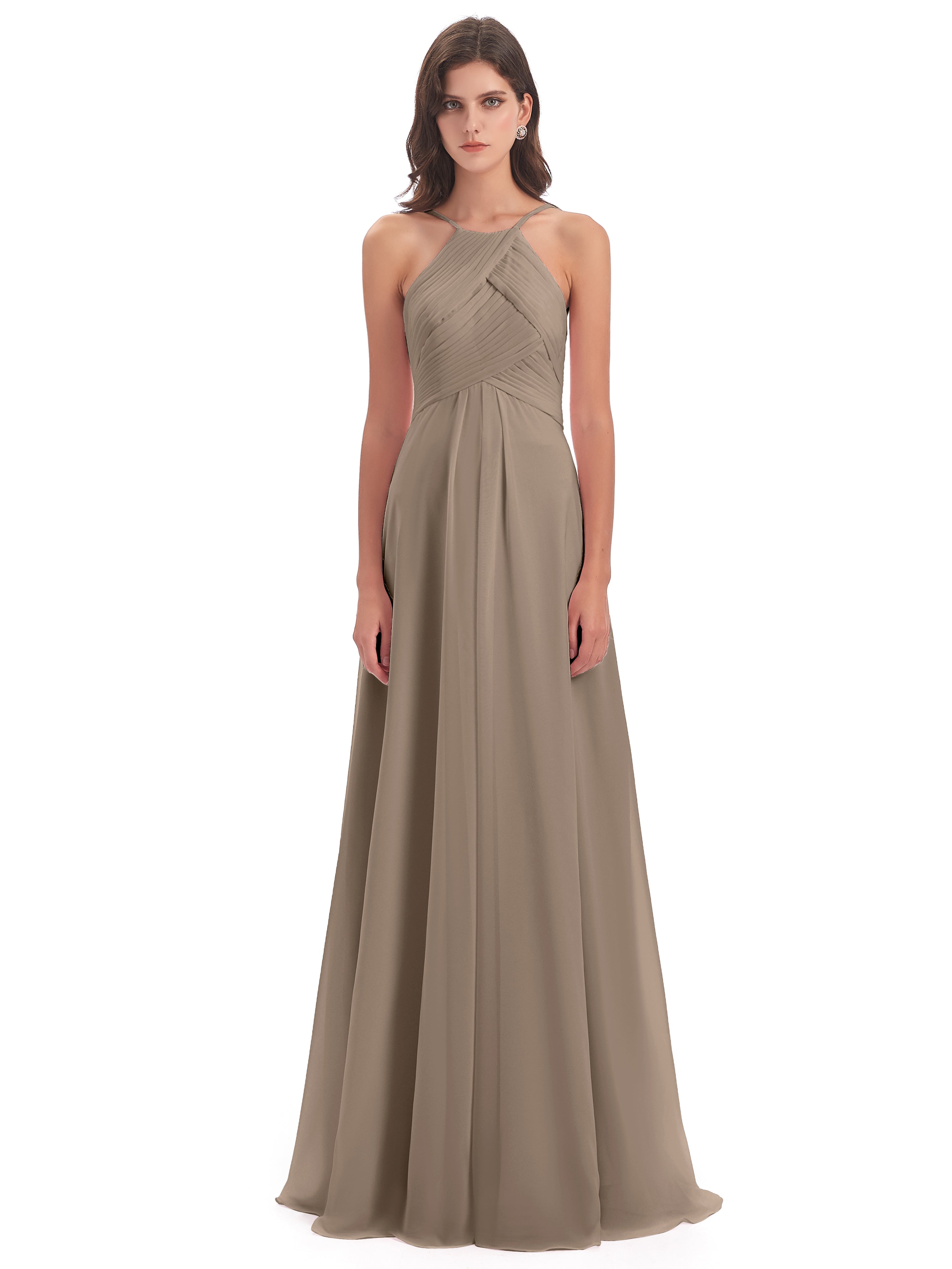 Robe Ceremonie Taupe Licou Dos Ouvert Mousseline Robes Demoiselle D'Honneur