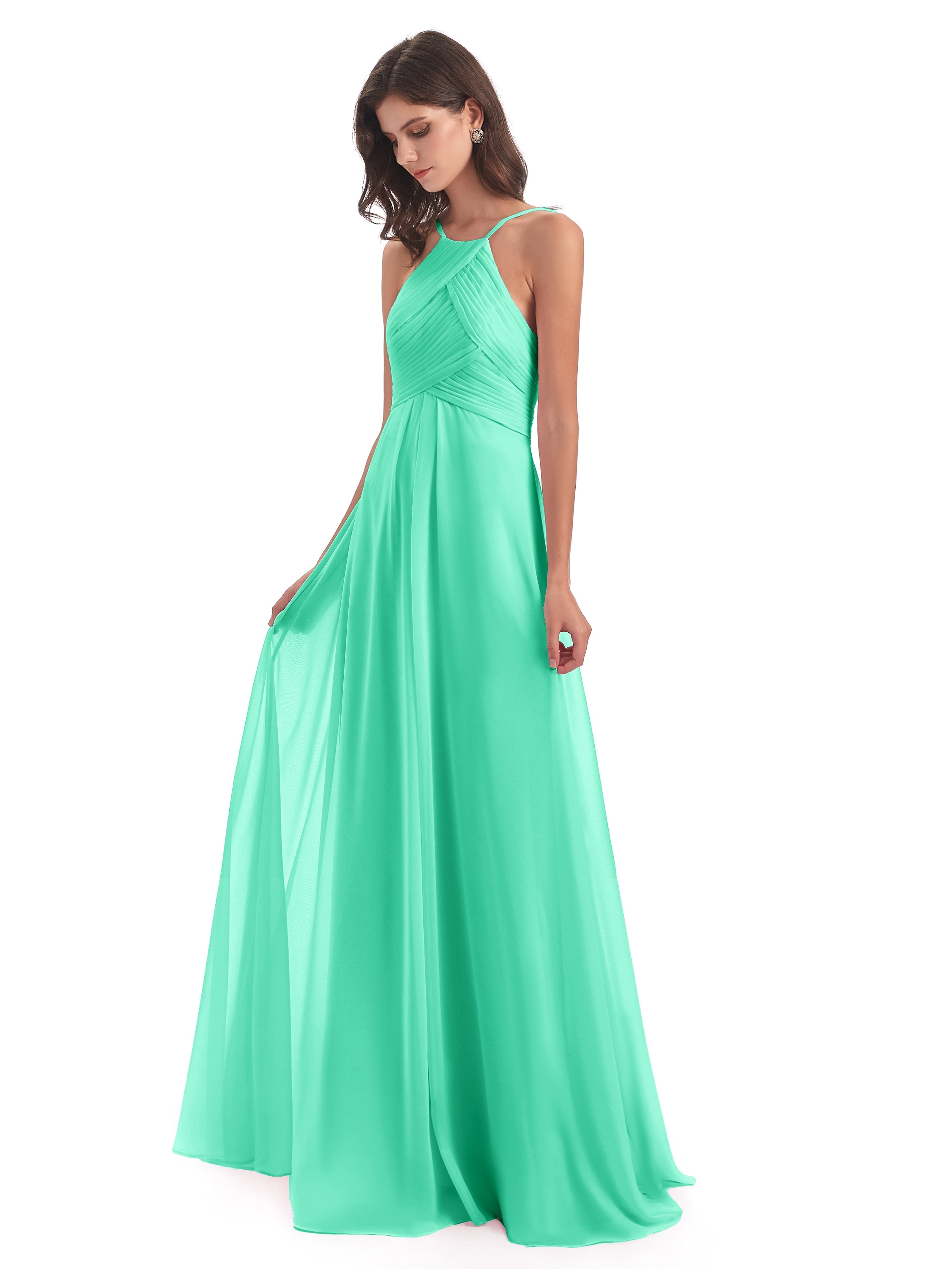 Robes De Demoiselle D'Honneur Bleu Turquoise Licou Dos Ouvert Mousseline Robes Demoiselle D'Honneur