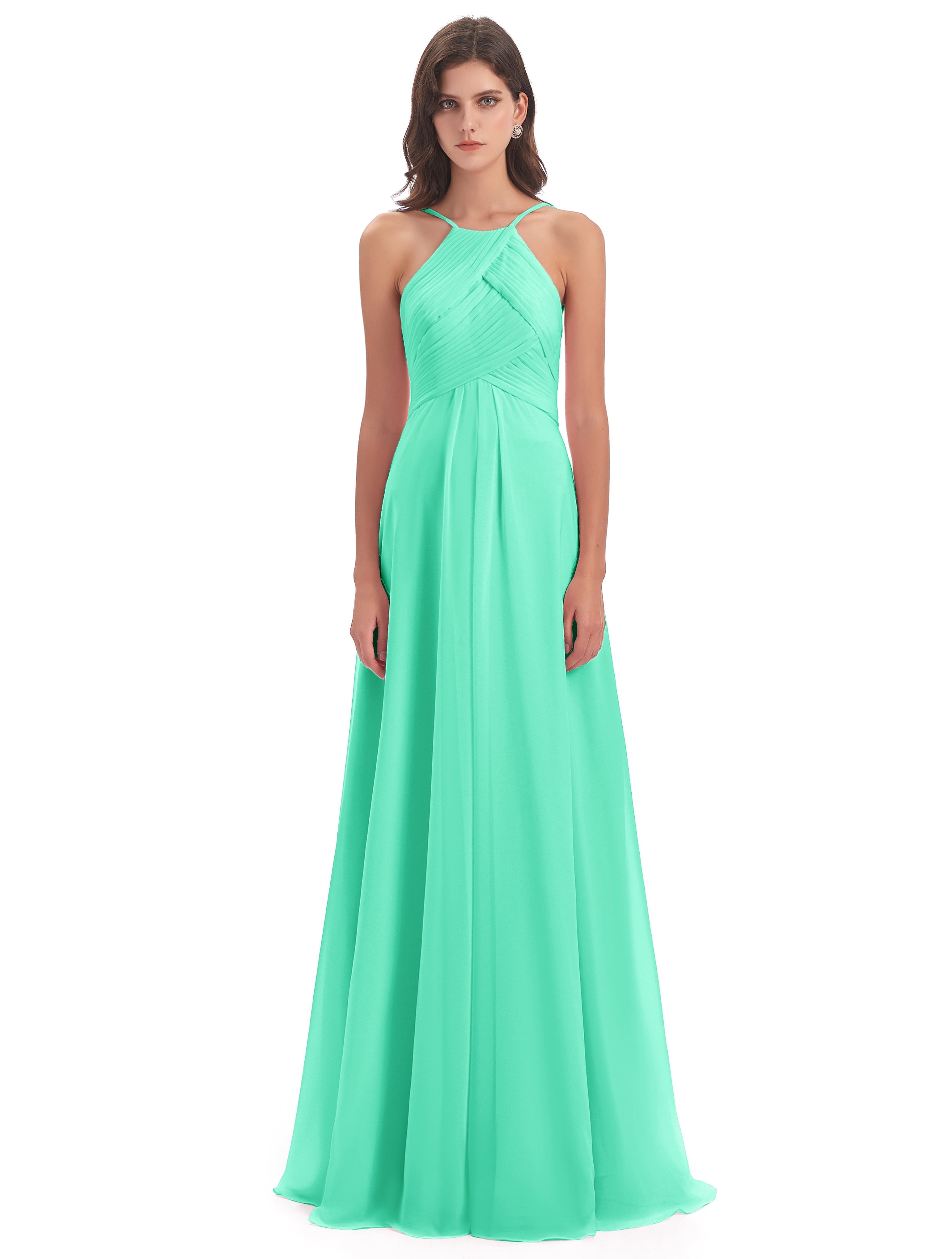 Robes De Demoiselle D'Honneur Bleu Turquoise Licou Dos Ouvert Mousseline Robes Demoiselle D'Honneur