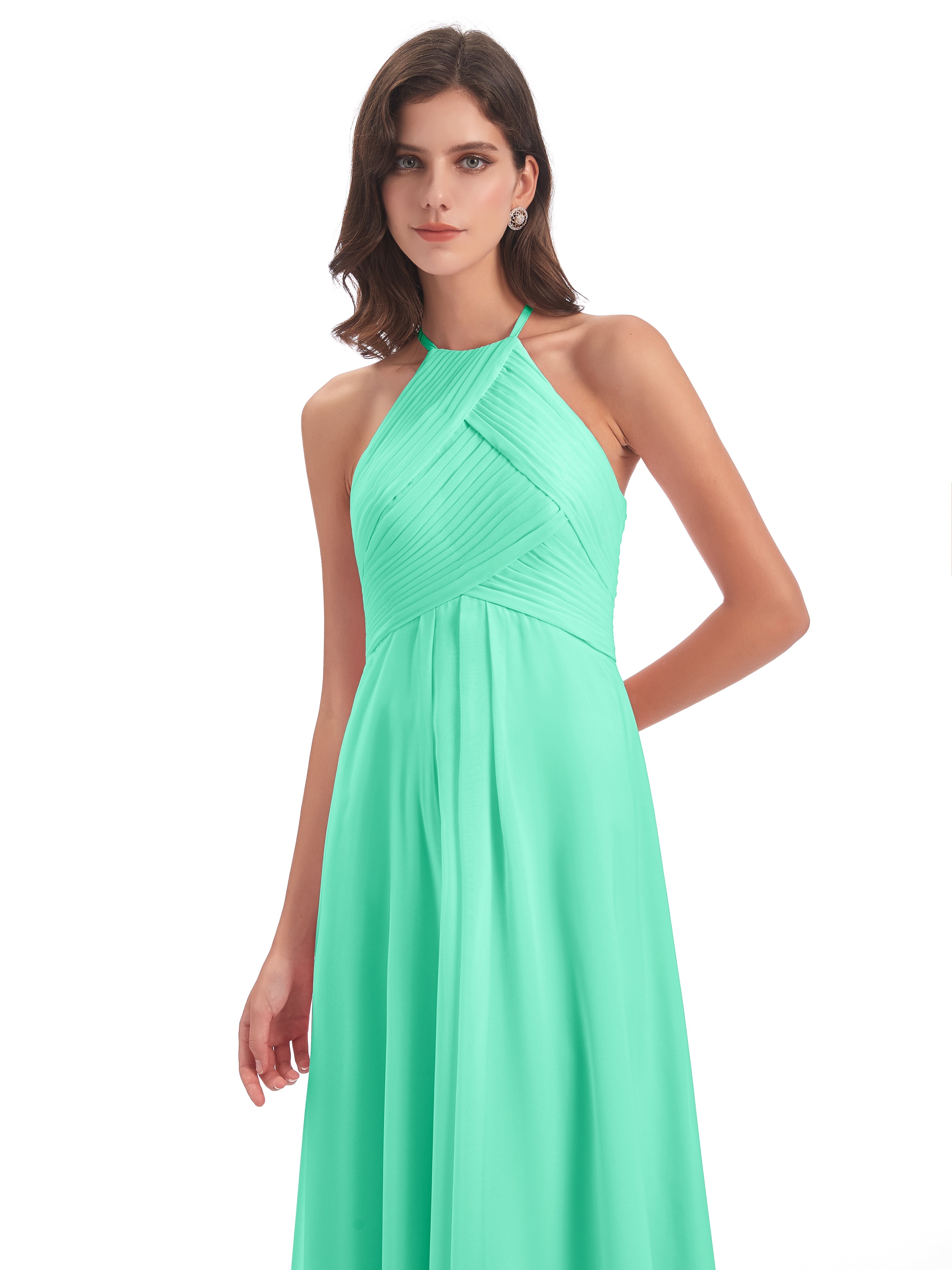 Robes De Demoiselle D'Honneur Bleu Turquoise Licou Dos Ouvert Mousseline Robes Demoiselle D'Honneur