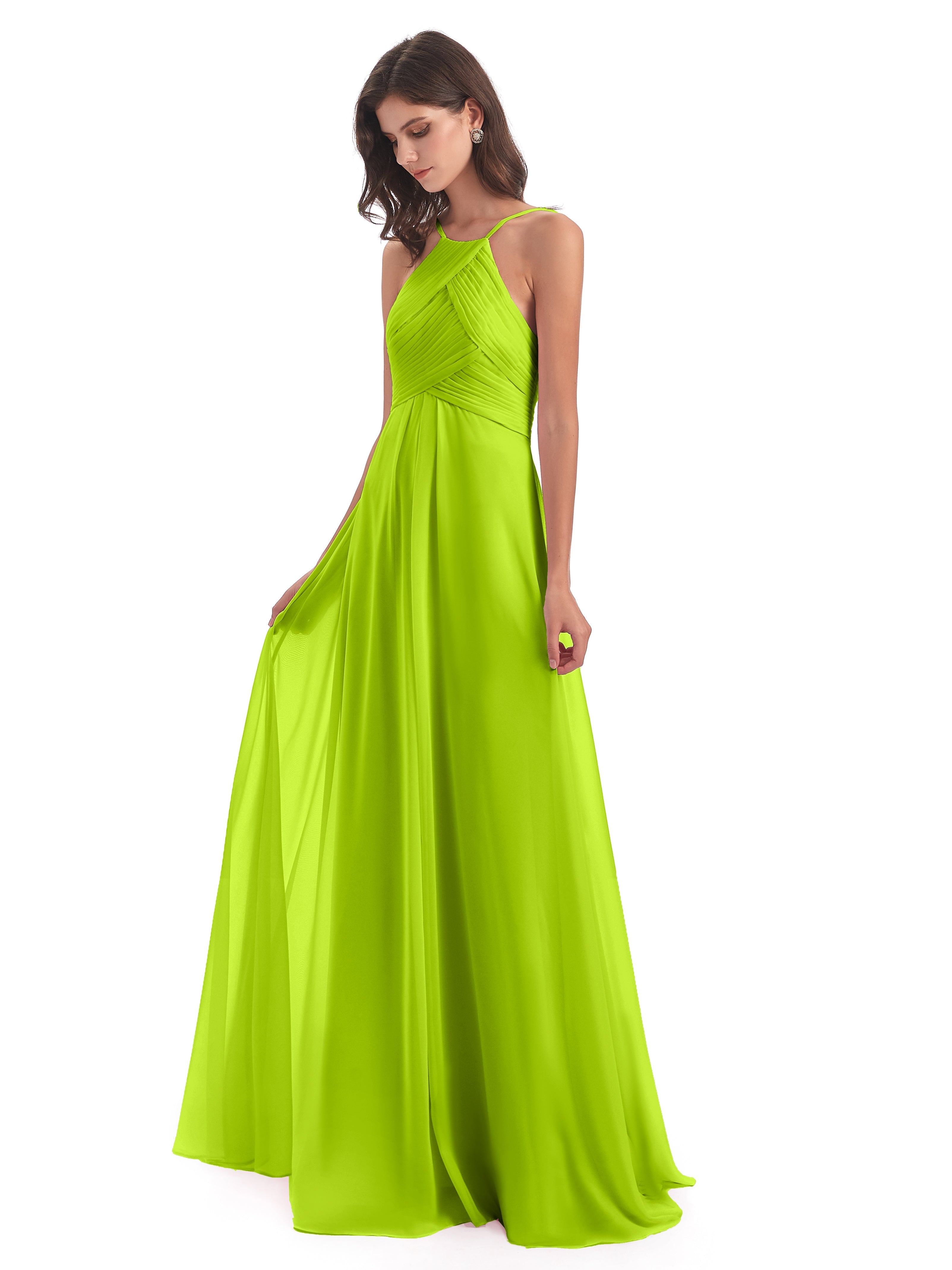 Robes De Demoiselle D'Honneur Vert Citron Licou Dos Ouvert Mousseline Robes Demoiselle D'Honneur