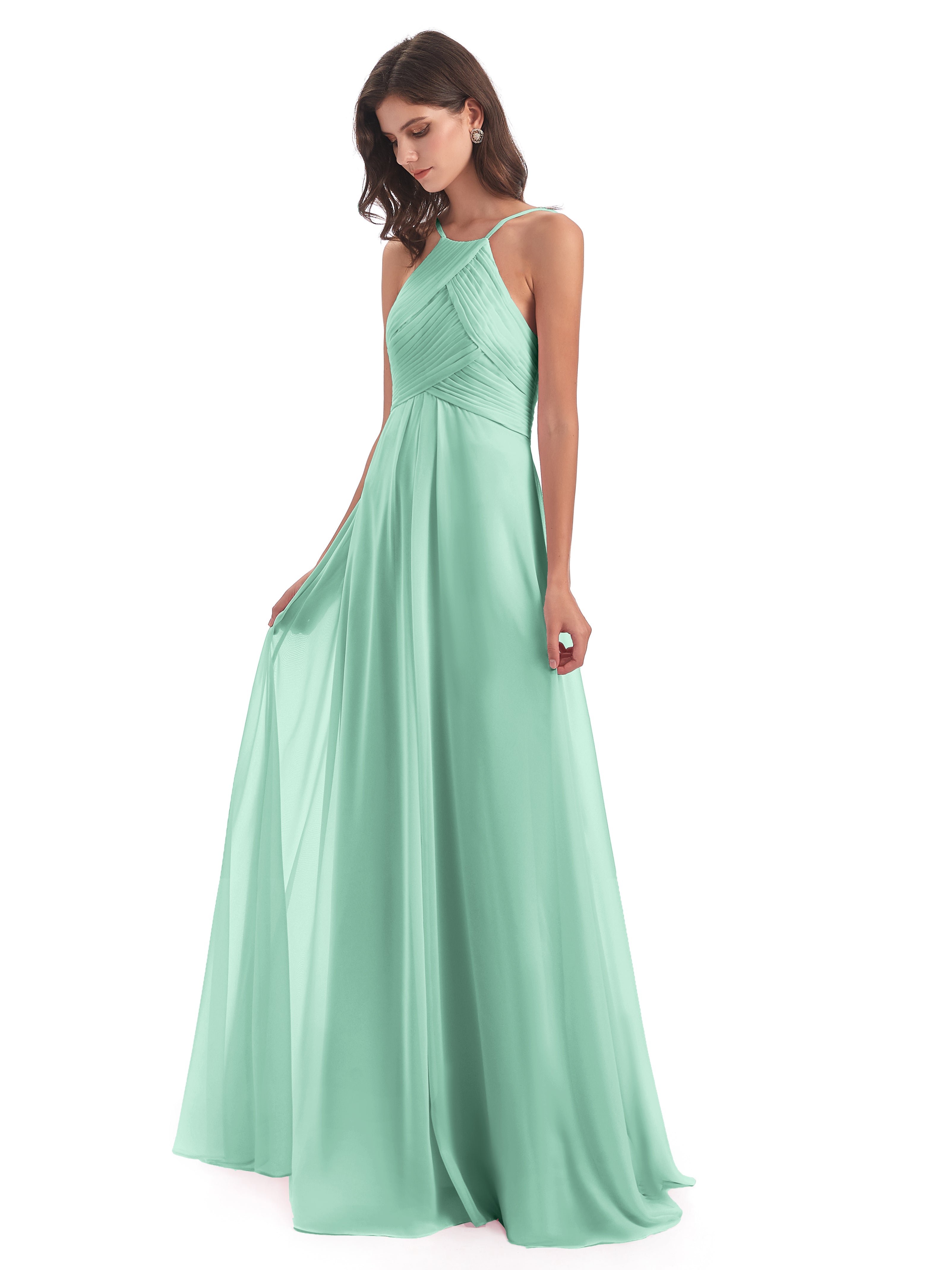 Robe Vert Menthe Demoiselle D Honneur Licou Dos Ouvert Mousseline Robes Demoiselle D'Honneur