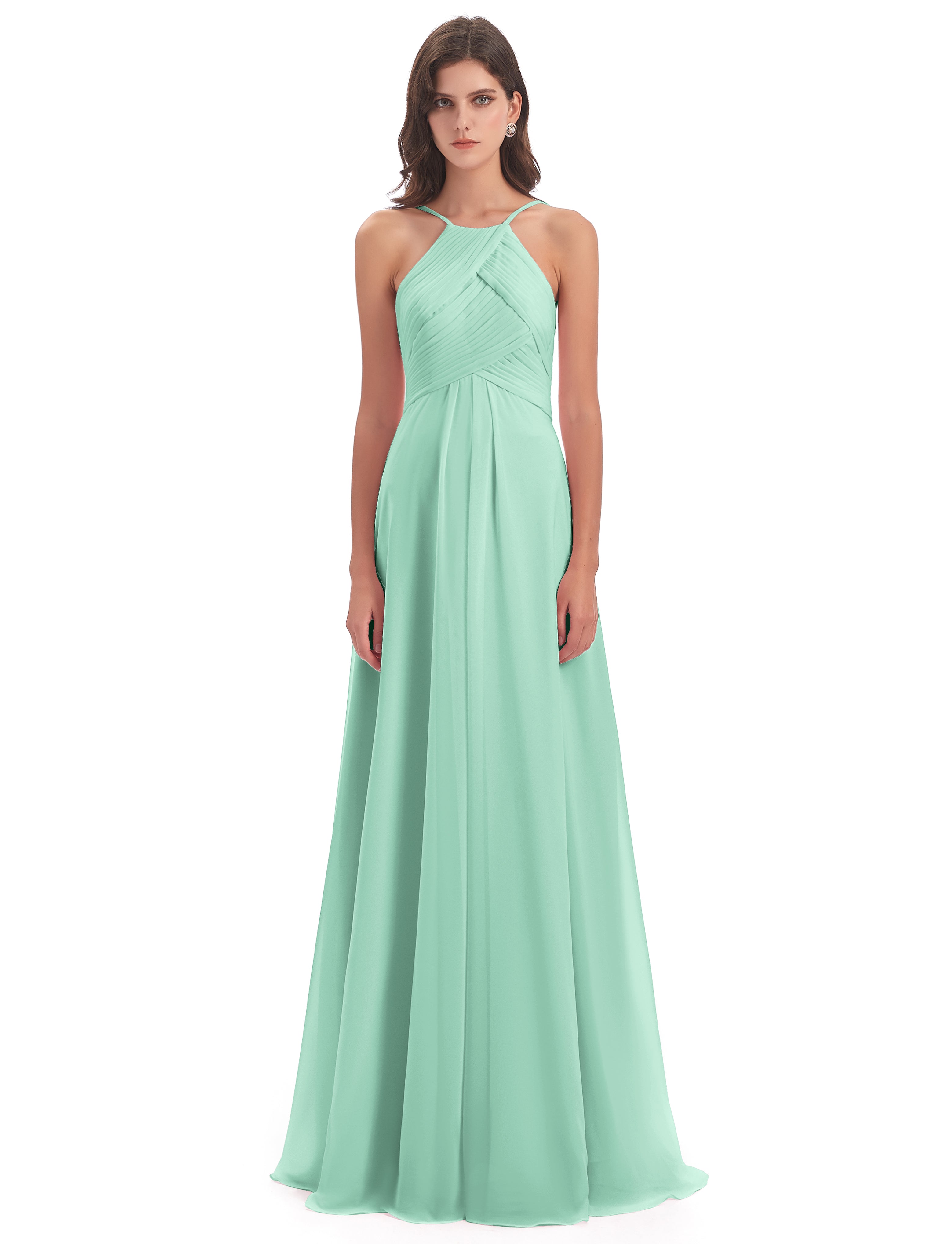 Robe Vert Menthe Demoiselle D Honneur Licou Dos Ouvert Mousseline Robes Demoiselle D'Honneur