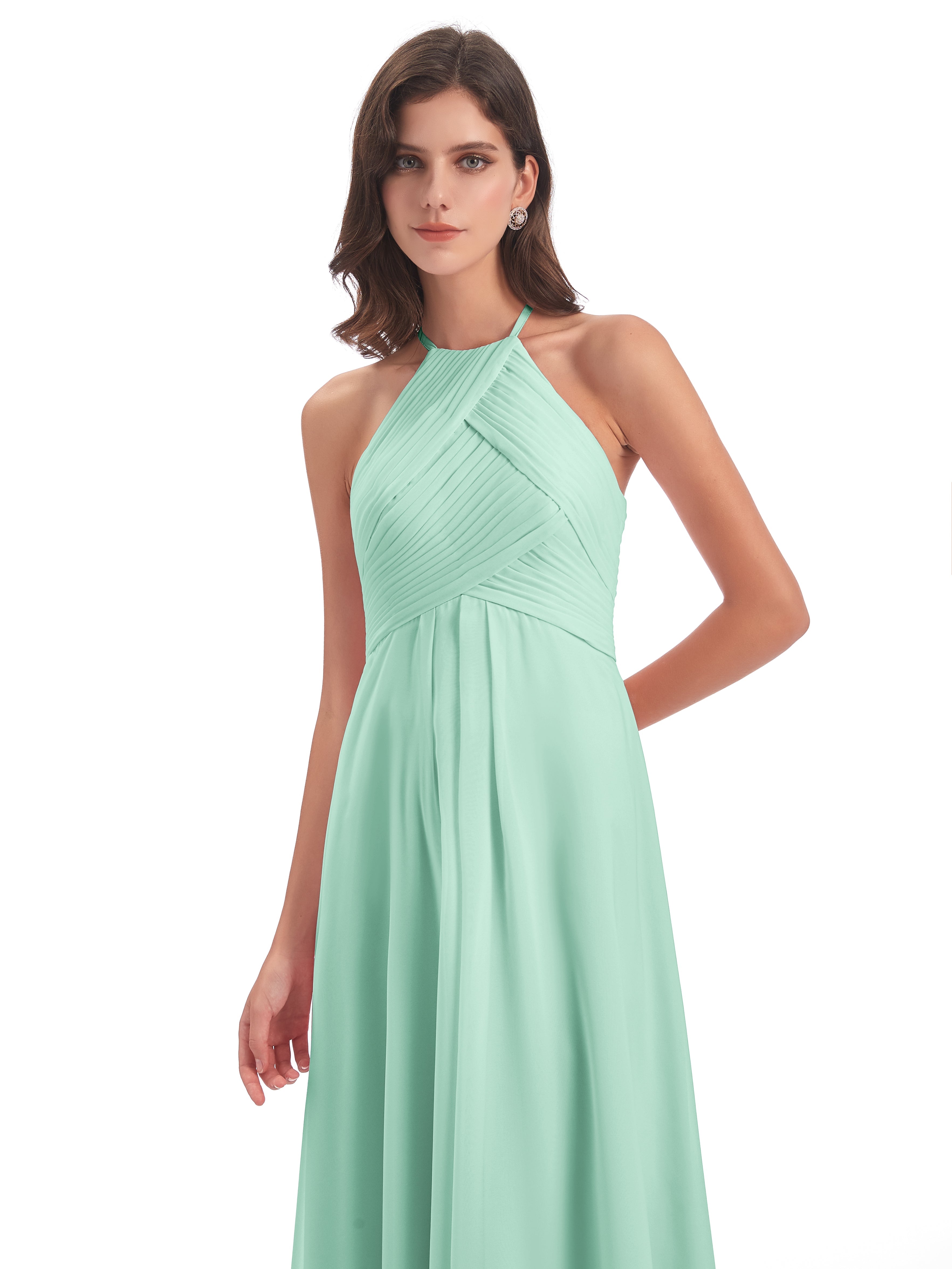 Robe Vert Menthe Demoiselle D Honneur Licou Dos Ouvert Mousseline Robes Demoiselle D'Honneur