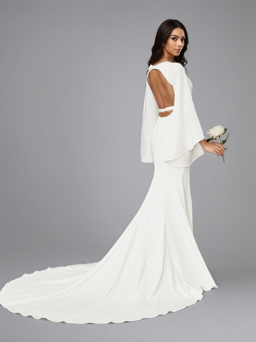 Cicinia Robe de Mariée à Manches Longues Décolleté en V Dos Nud avec Traîne Balayée Unique