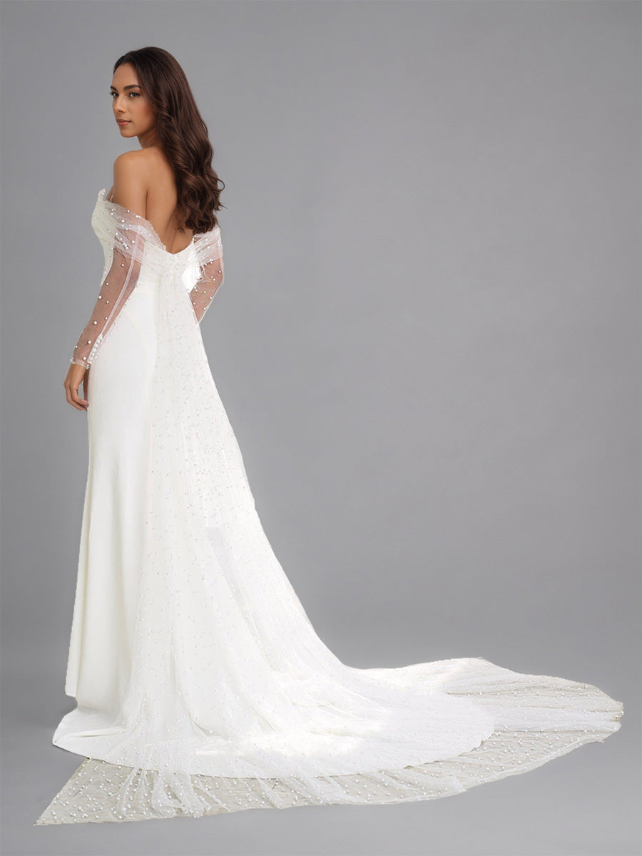 Cicinia Robe de Mariée Fourreau Décolleté Cœur à Plis à Manches Longues en Tulle Élégante