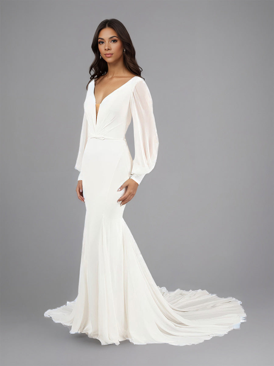 Cicinia Ivoire Robe de Mariée Sirène Longue à Manches Longues Décolleté en V Plongeant