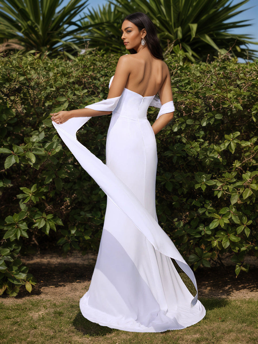 Cicinia Robe de Mariée Plage Sirène Longue en Mousseline sans Bretelles Blanc