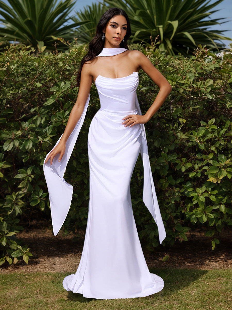 Cicinia Robe de Mariée Plage Sirène Longue en Mousseline sans Bretelles Blanc