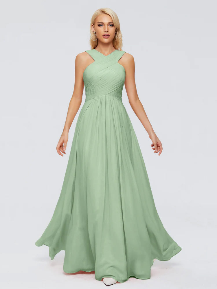 Robe Demoiselle D Honneur Sauge Poudrée Trapèze Bretelle Mousseline Robes Demoiselle D'Honneur
