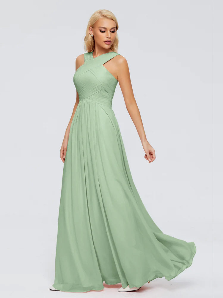 Robe Demoiselle D Honneur Sauge Poudrée Trapèze Bretelle Mousseline Robes Demoiselle D'Honneur