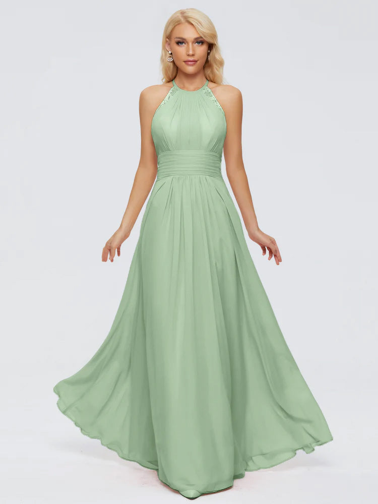 Robes De Demoiselle D'Honneur Vert Sauge Poussiéreux Trapèze Licou Dentelle Mousseline Robes Demoiselle D'Honneur