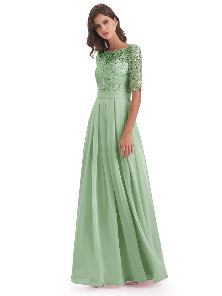Robes De Demoiselle D'Honneur Couleur Sauge Poussiéreuse Demi Manches Encolure Dégagée Robes Demoiselle D'Honneur