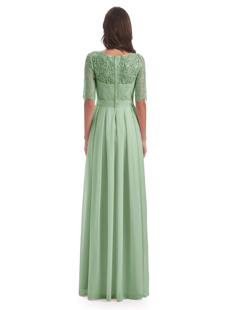 Robes De Demoiselle D'Honneur Couleur Sauge Poussiéreuse Demi Manches Encolure Dégagée Robes Demoiselle D'Honneur