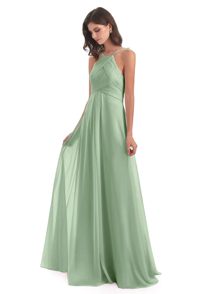 Robe Demoiselle D Honneur Sauge Poudrée Licou Dos Ouvert Mousseline Robes Demoiselle D'Honneur