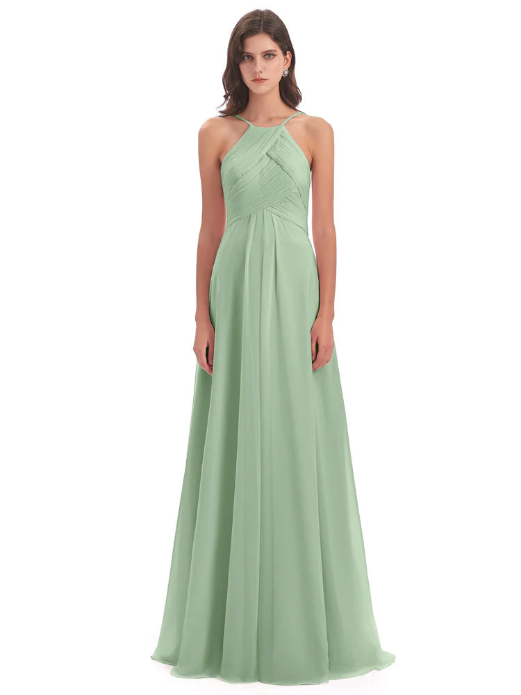 Robe Demoiselle D Honneur Sauge Poudrée Licou Dos Ouvert Mousseline Robes Demoiselle D'Honneur