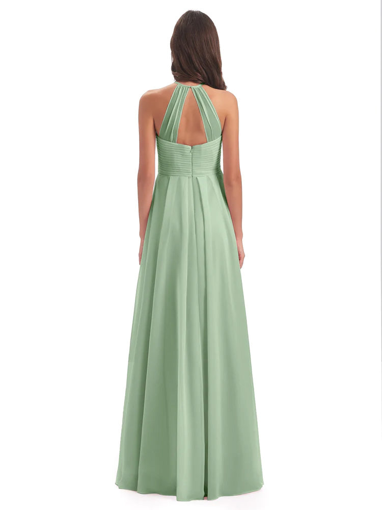 Robe Demoiselle D Honneur Sauge Poudrée Licou Dos Ouvert Mousseline Robes Demoiselle D'Honneur