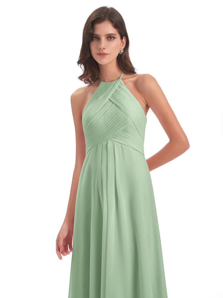 Robe Demoiselle D Honneur Sauge Poudrée Licou Dos Ouvert Mousseline Robes Demoiselle D'Honneur
