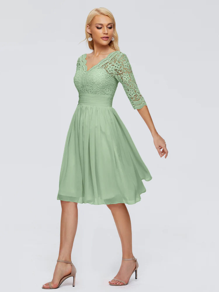 Robes De Demoiselle D'Honneur Couleur Sauge Poussiéreuse Bon Marché Longueur Genou Dentelle Robes Demoiselle D'Honneur