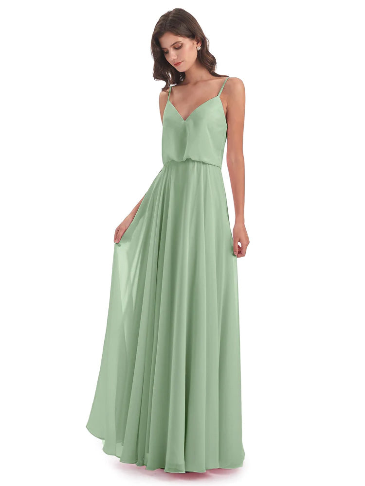Toutes Les Robes De Demoiselle D'Honneur De Sauge Poussiéreuse Bretelles Spaghetti Mousseline Longue Robes Demoiselle D'Honneur
