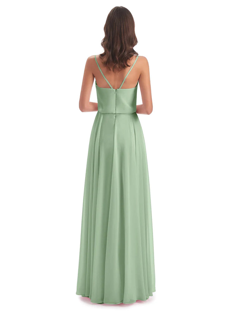 Toutes Les Robes De Demoiselle D'Honneur De Sauge Poussiéreuse Bretelles Spaghetti Mousseline Longue Robes Demoiselle D'Honneur