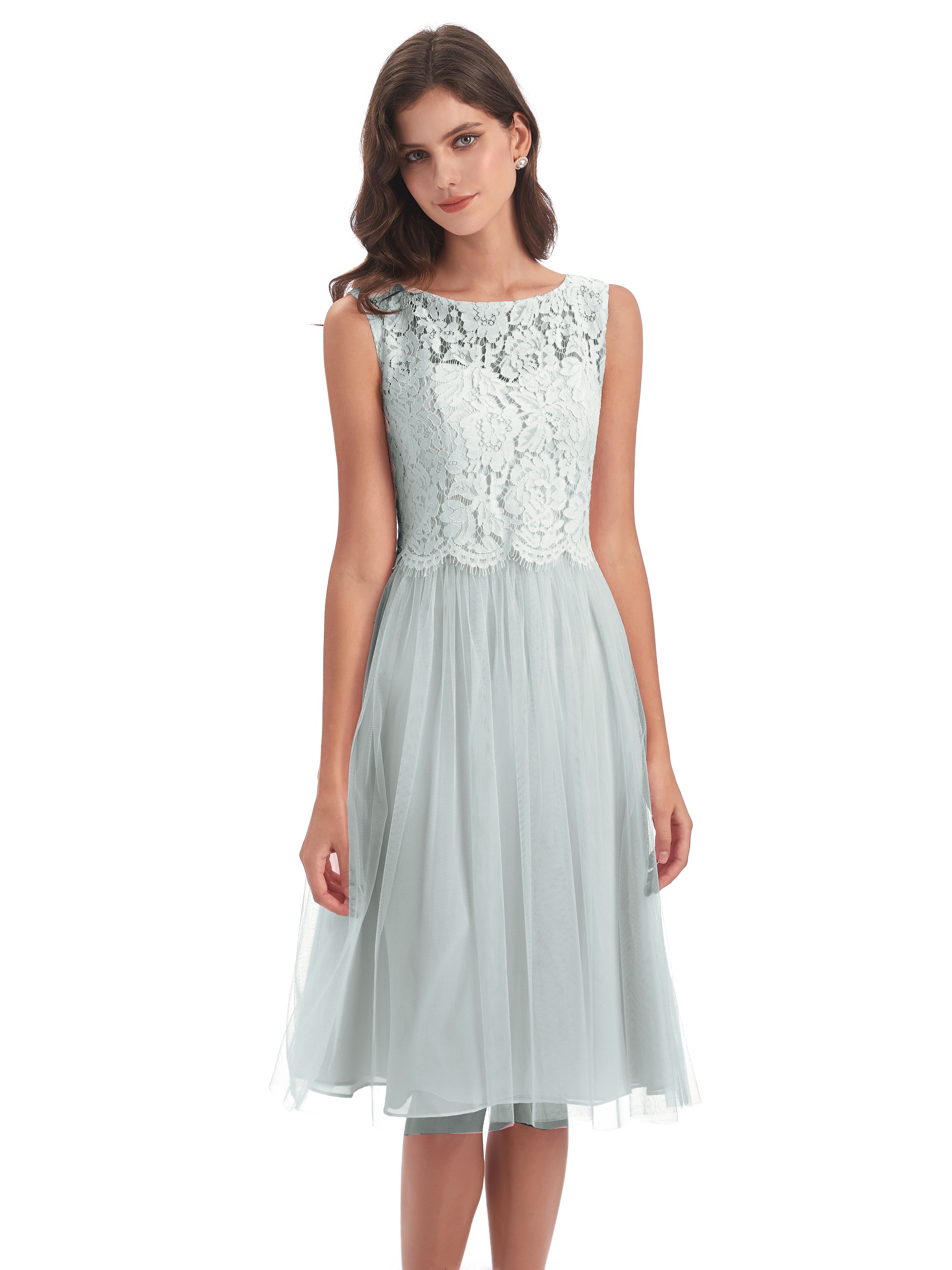 Robe Demoiselle D Honneur Vert Celadon Bateau Longueur Genou Tulle/Dentelle Robes Demoiselle D'Honneur