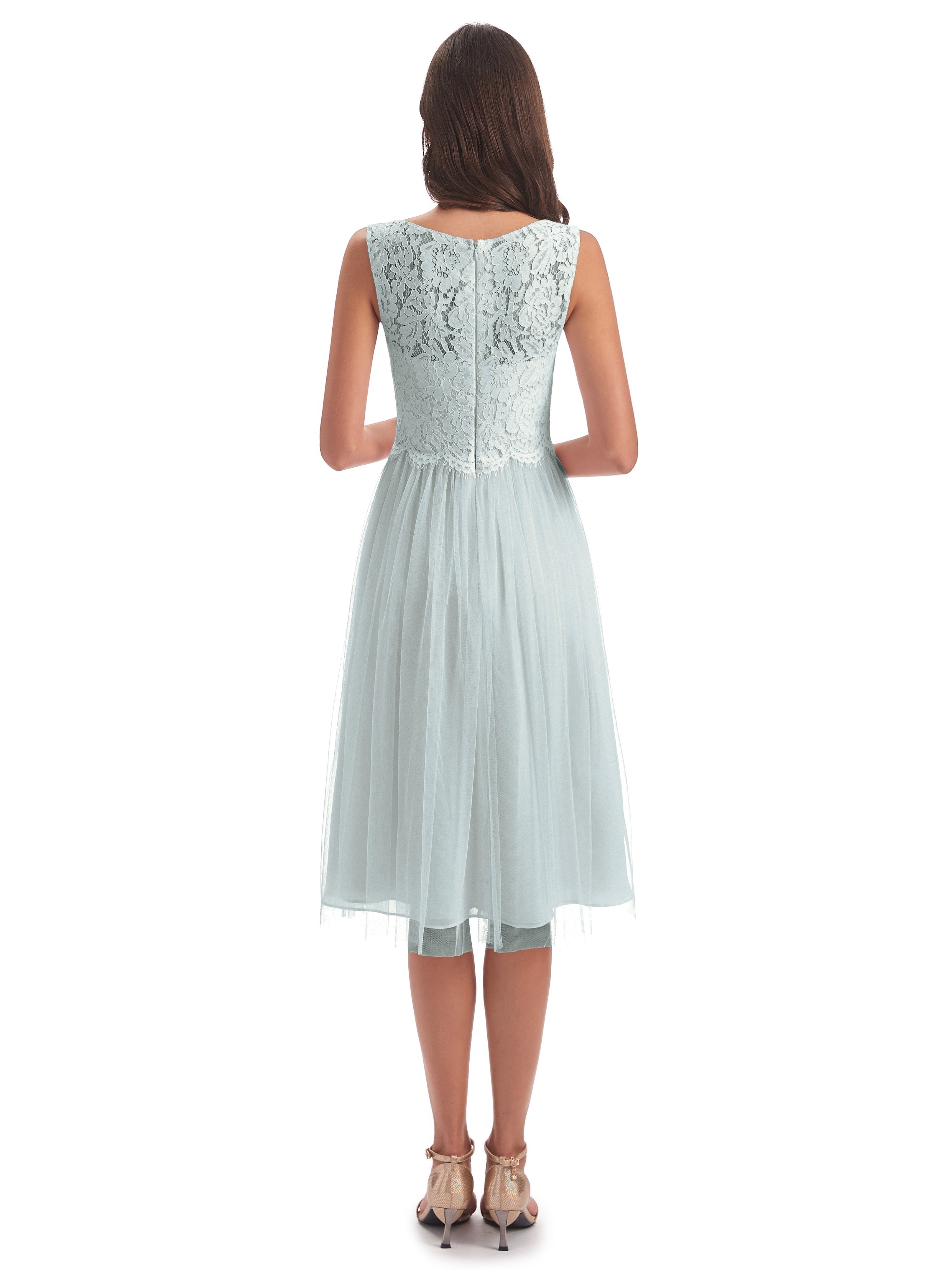 Robe Demoiselle D Honneur Vert Celadon Bateau Longueur Genou Tulle/Dentelle Robes Demoiselle D'Honneur