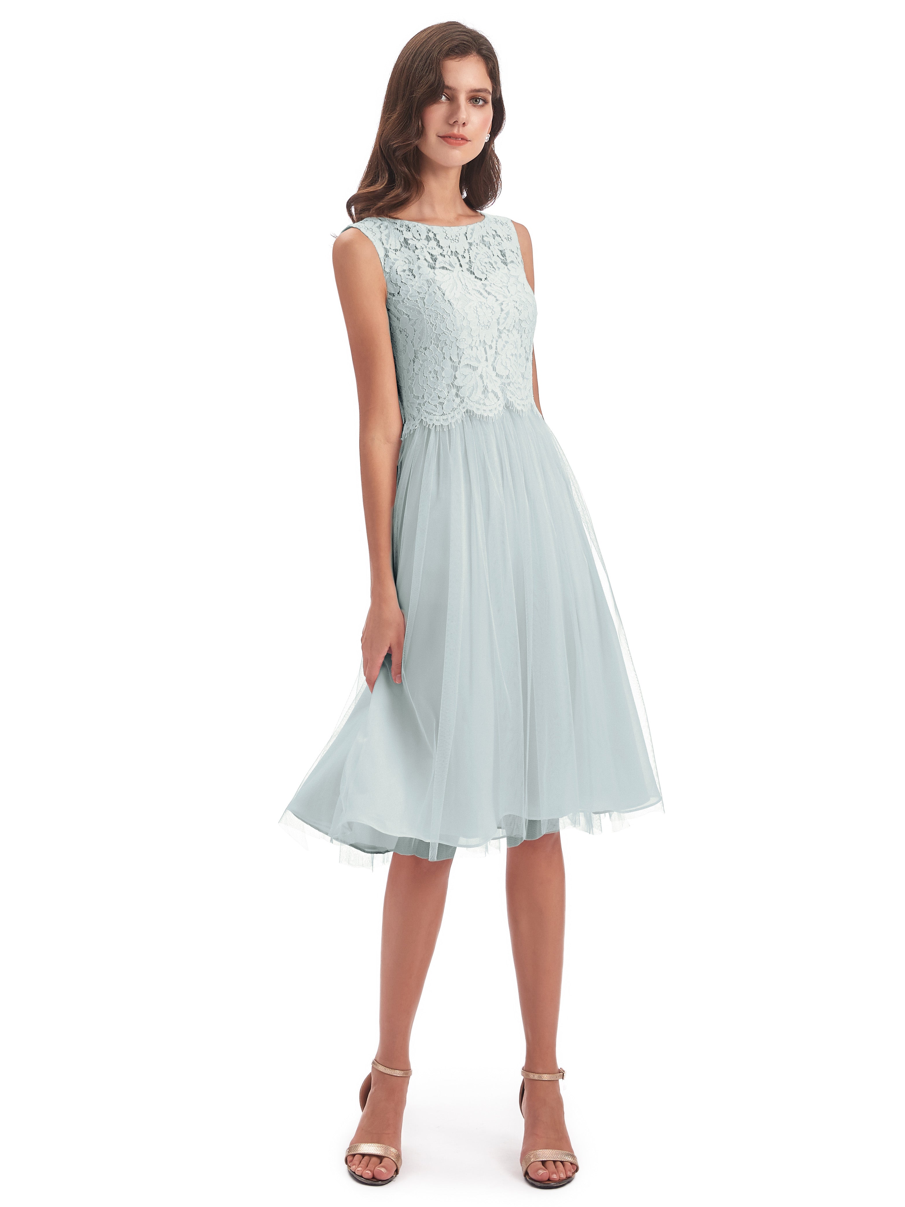Robe Demoiselle D Honneur Vert Celadon Bateau Longueur Genou Tulle/Dentelle Robes Demoiselle D'Honneur