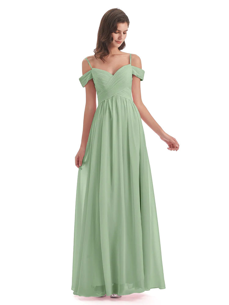 Robe De Demoiselle D'Honneur En Mousseline De Sauge Poussiéreuse Bretelles Spaghetti Trapèze Mousseline