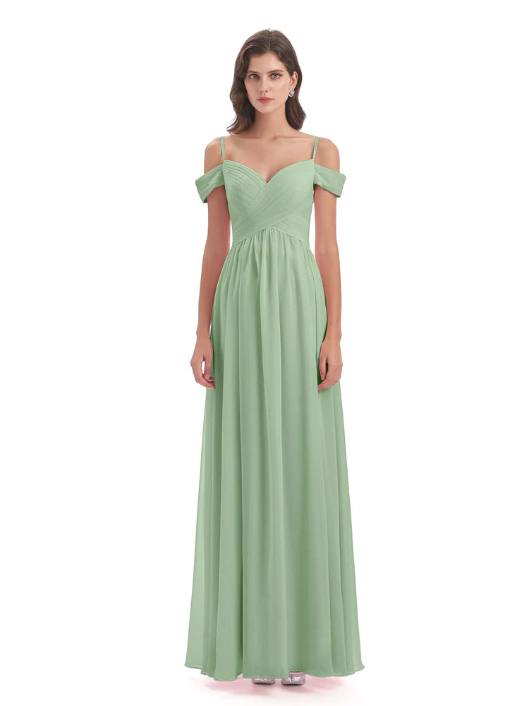 Robe De Demoiselle D'Honneur En Mousseline De Sauge Poussiéreuse Bretelles Spaghetti Trapèze Mousseline