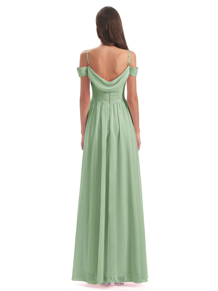 Robe De Demoiselle D'Honneur En Mousseline De Sauge Poussiéreuse Bretelles Spaghetti Trapèze Mousseline