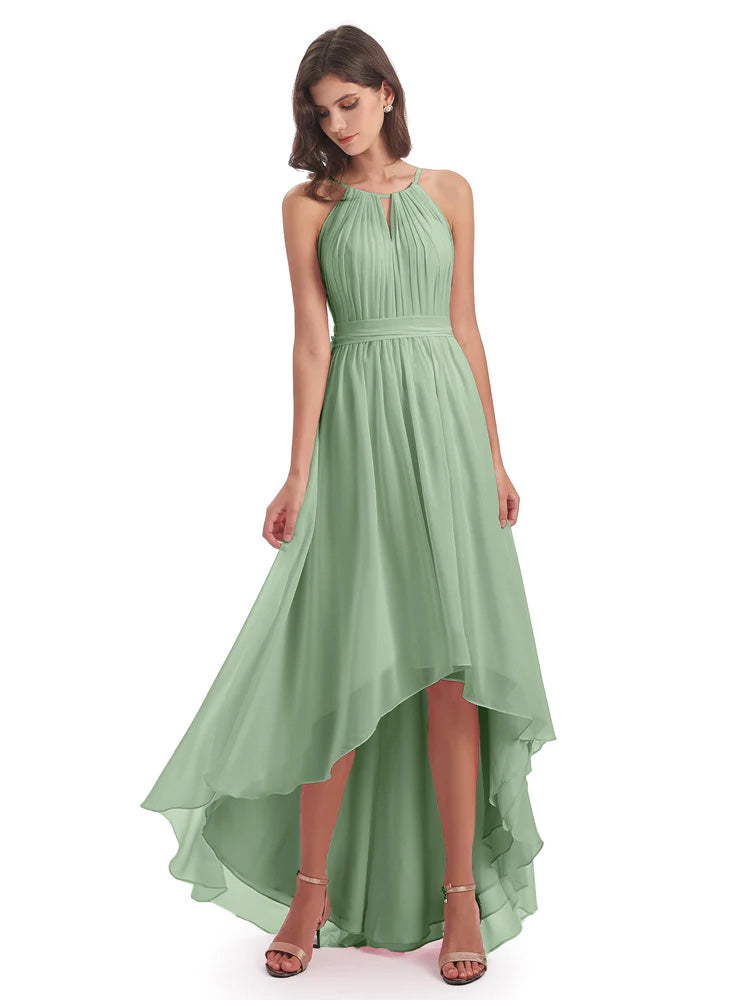 Sauge Poussiéreuse De Demoiselle D'Honneur Asymétrique Haute Basse Licou Mousseline Robes Demoiselle D'Honneur