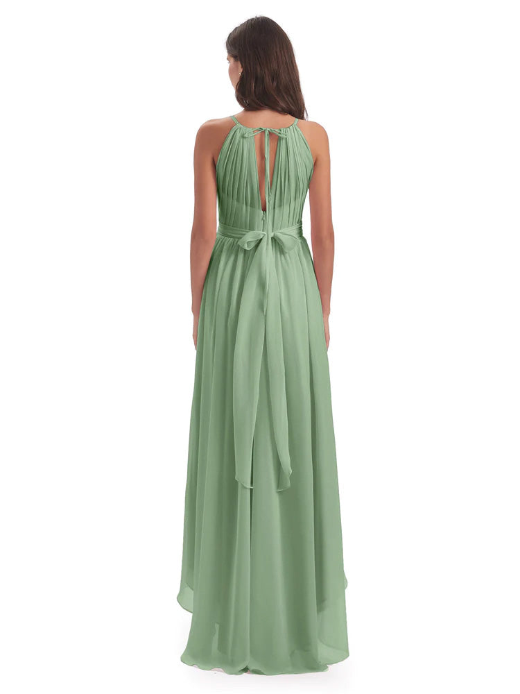 Sauge Poussiéreuse De Demoiselle D'Honneur Asymétrique Haute Basse Licou Mousseline Robes Demoiselle D'Honneur