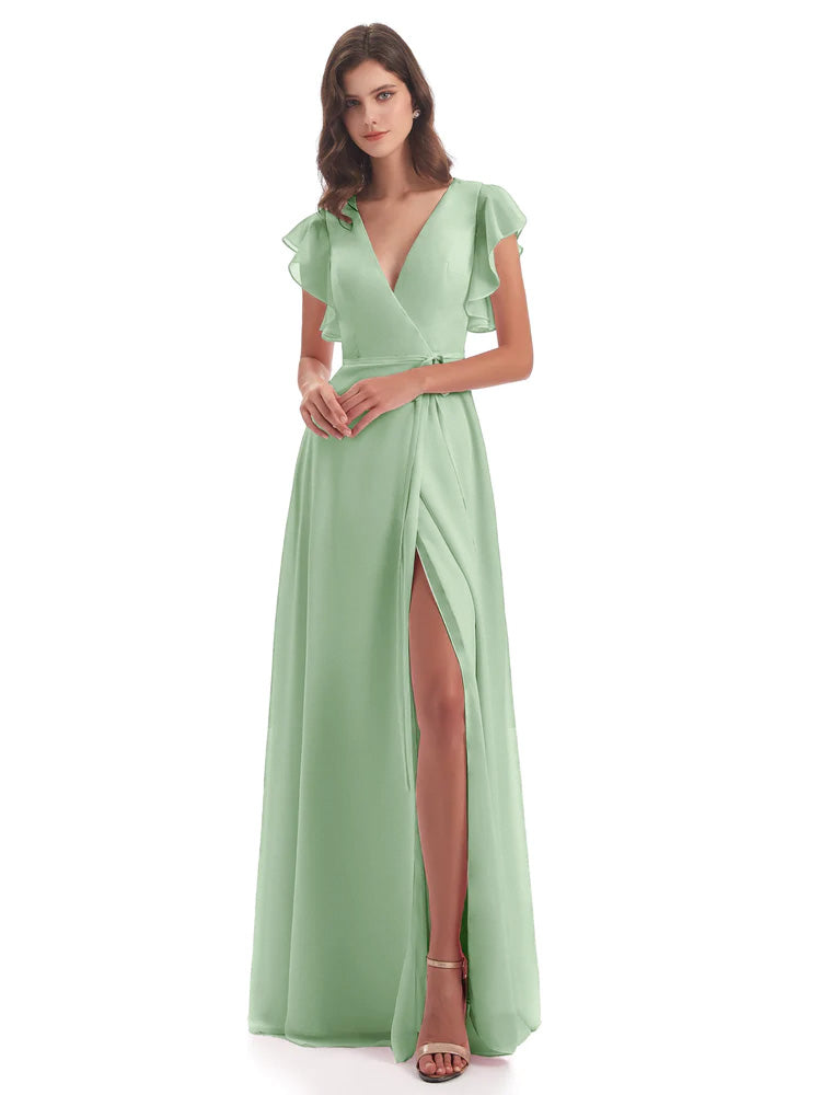 Longues Robes De Demoiselle D'Honneur De Sauge Poussiéreuse Fendue Devant Col V Robes Demoiselle D'Honneur