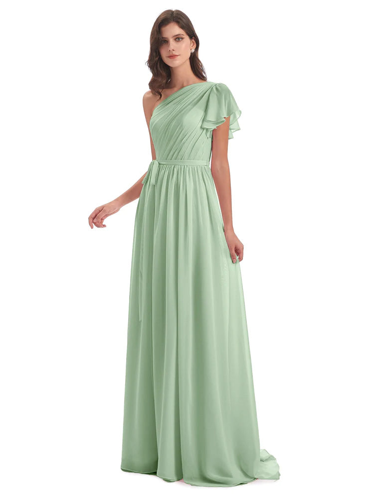 Sauge Poussiéreuse De Demoiselle D'Honneur Balayage/Pinceau Traîne Seule-Épaule Robes Demoiselle D'Honneur