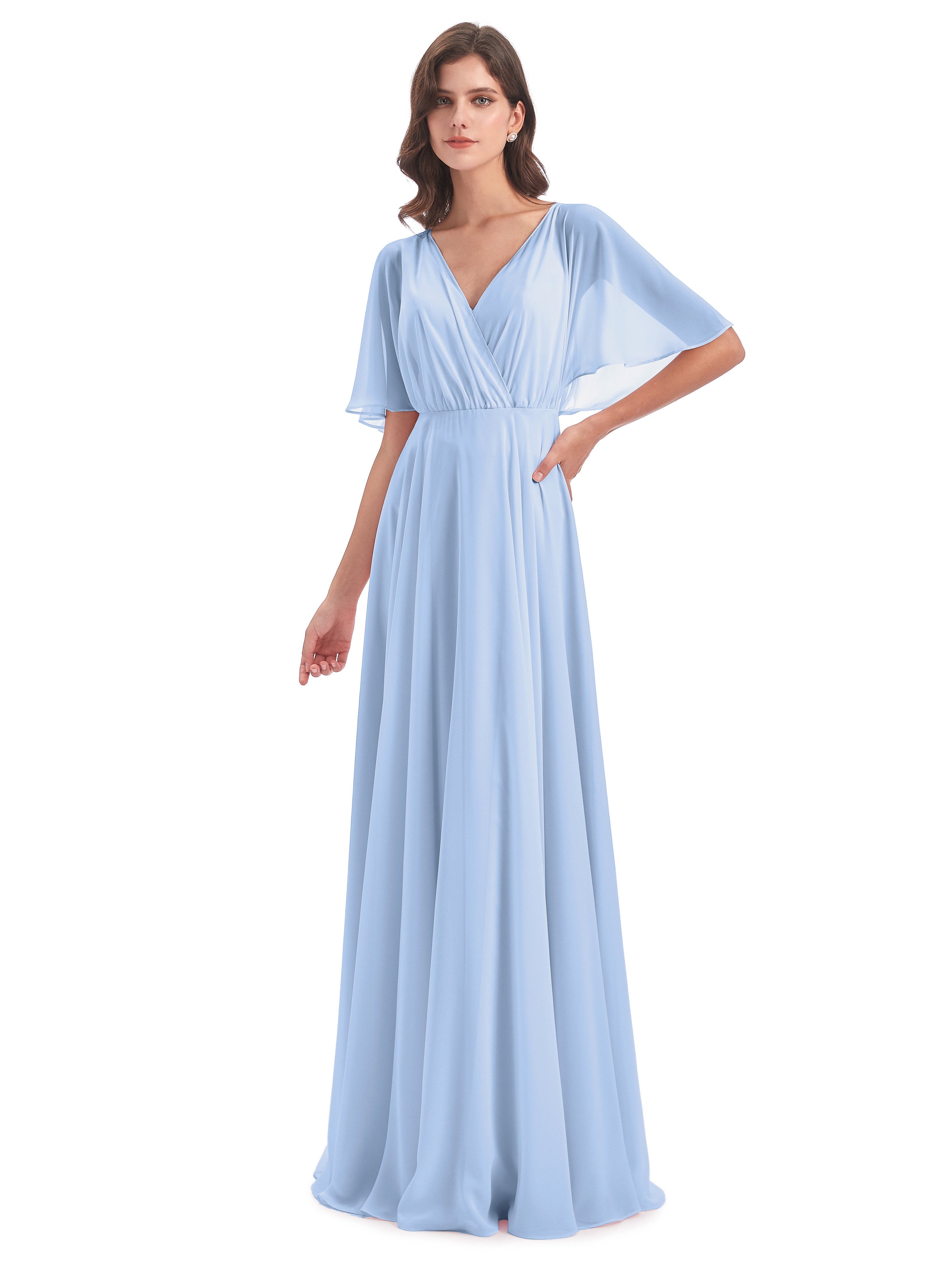 Robe Longue Bleu Ciel Demoiselle D Honneur Trapèze Dos En V Robes Demoiselle D'Honneur