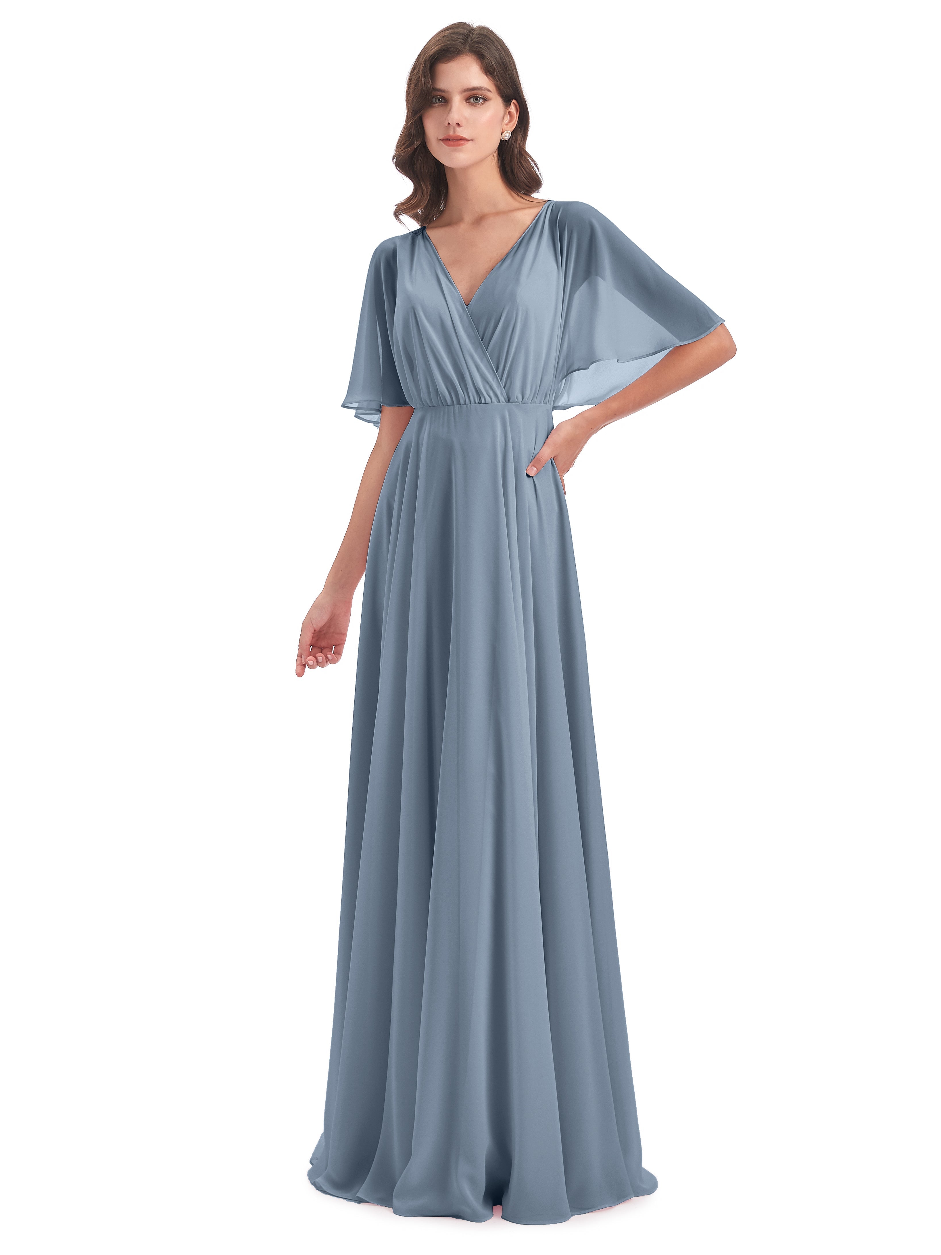 Robes De Demoiselle D'Honneur Bleu Poussiéreux Trapèze Dos En V Robes Demoiselle D'Honneur