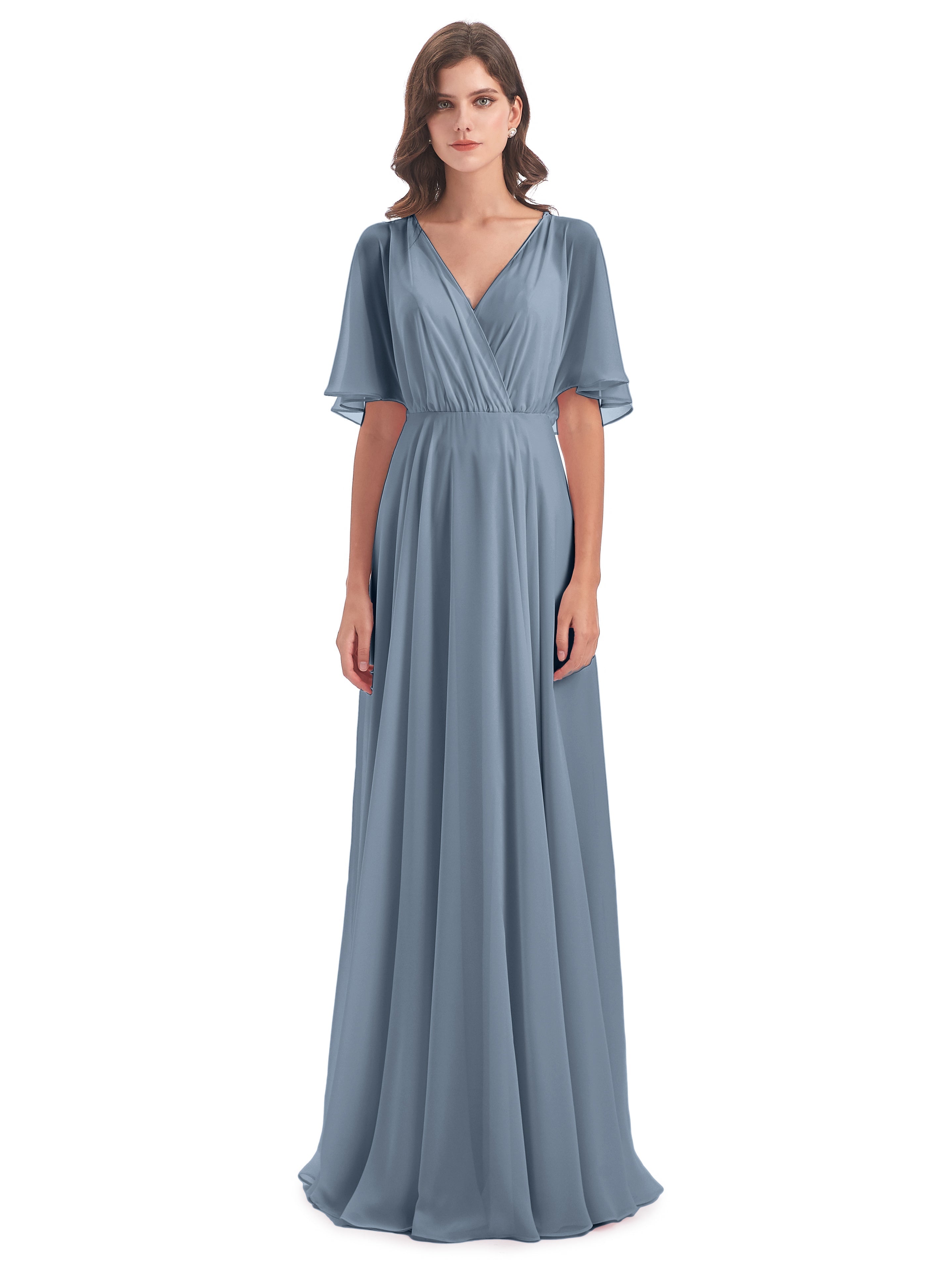 Robes De Demoiselle D'Honneur Bleu Poussiéreux Trapèze Dos En V Robes Demoiselle D'Honneur